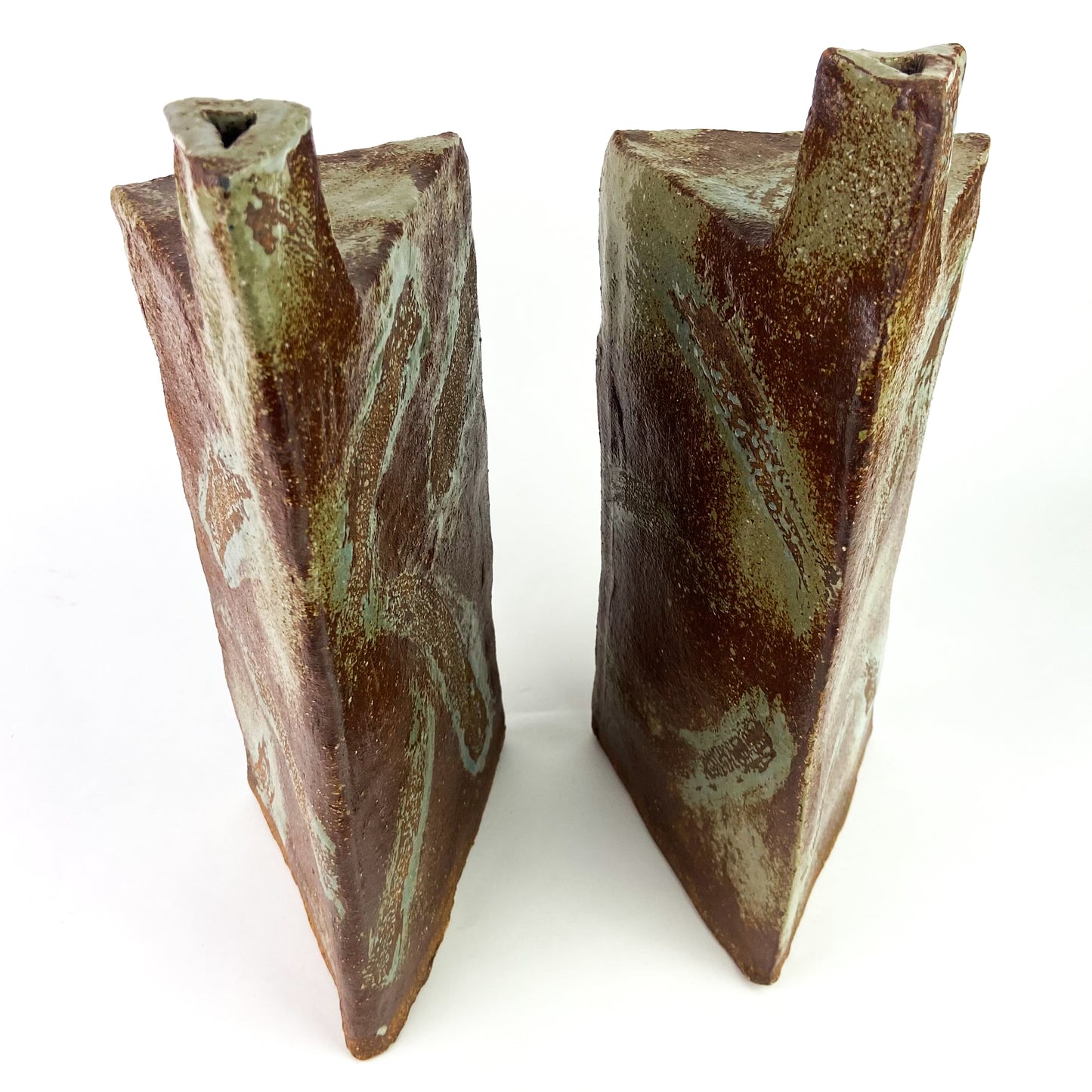 Pair of Triangular Studio Art Raku Pottery Vessels #O1173