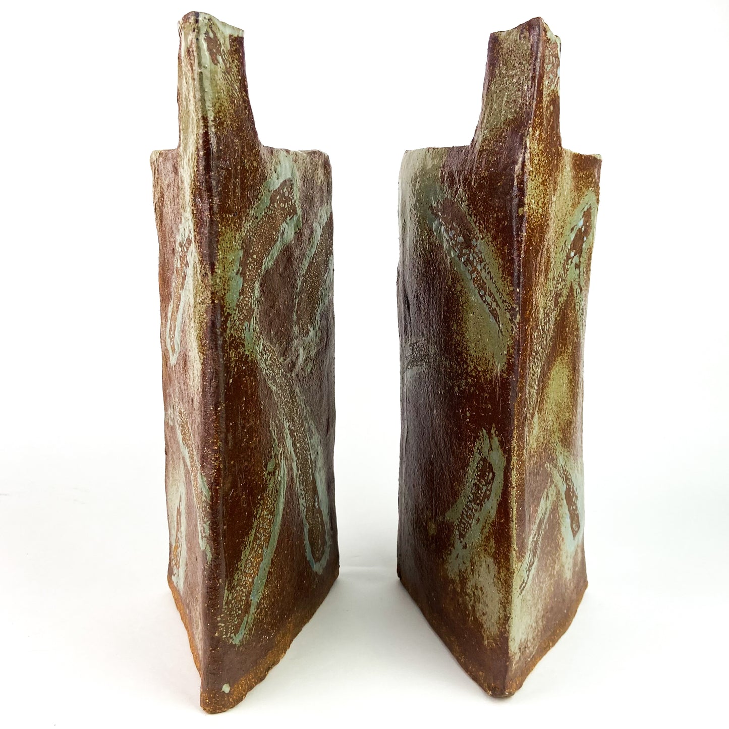 Pair of Triangular Studio Art Raku Pottery Vessels #O1173