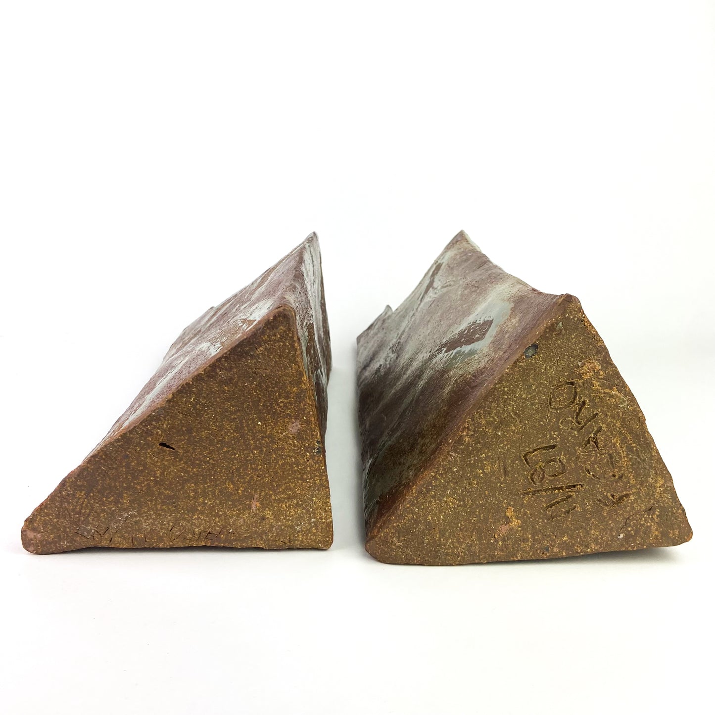 Pair of Triangular Studio Art Raku Pottery Vessels #O1173