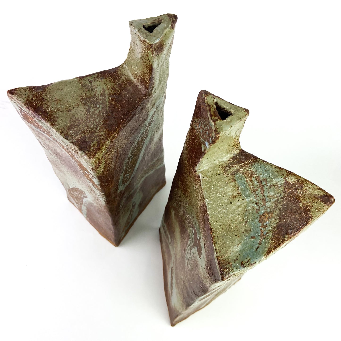 Pair of Triangular Studio Art Raku Pottery Vessels #O1173