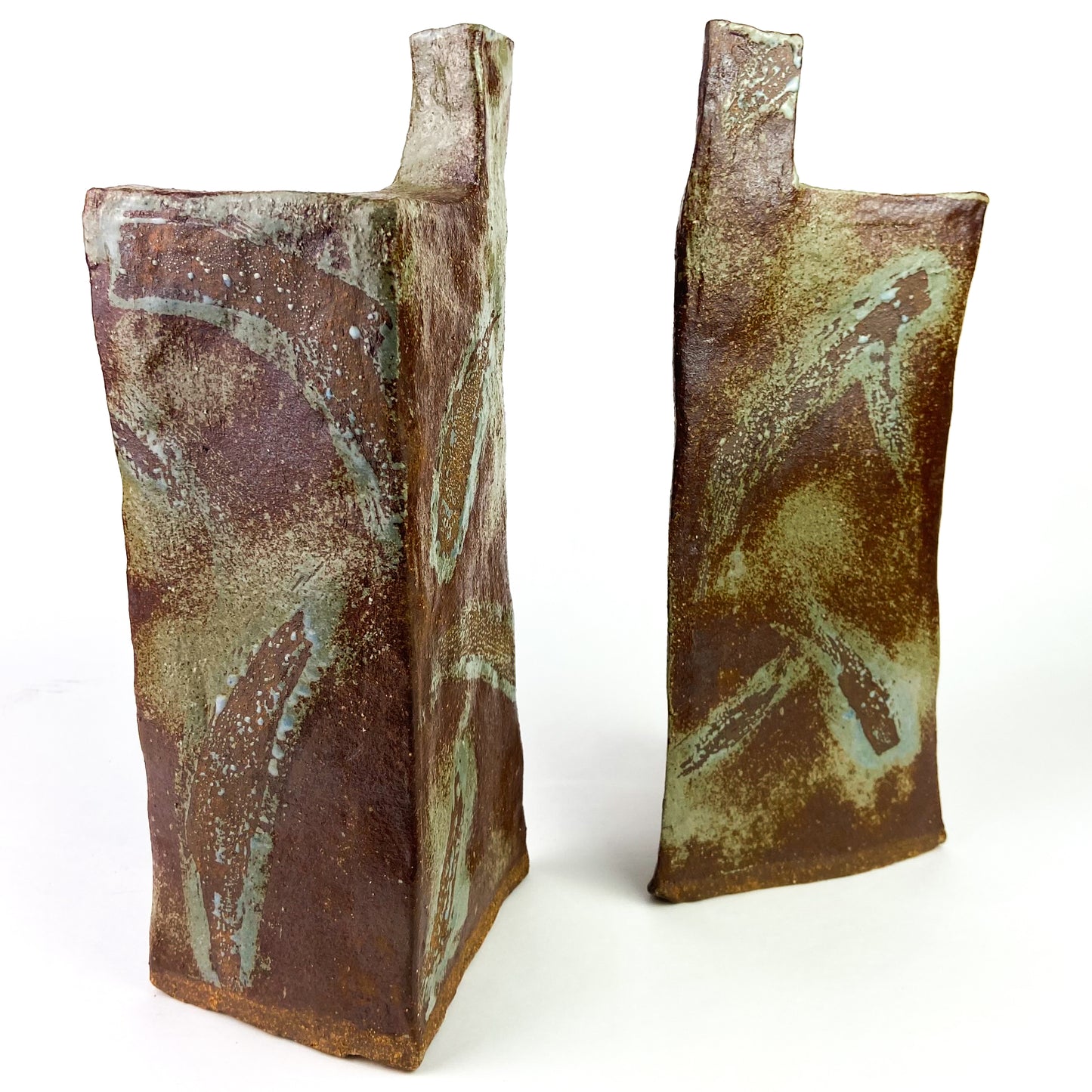 Pair of Triangular Studio Art Raku Pottery Vessels #O1173