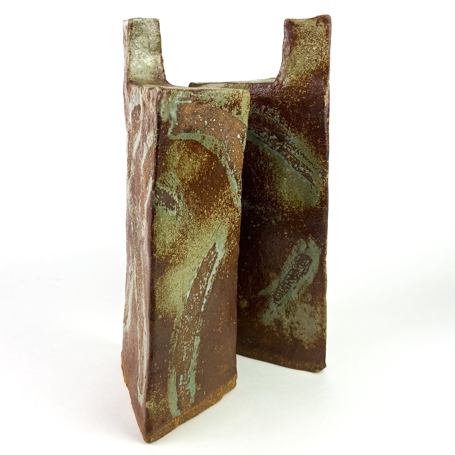 Pair of Triangular Studio Art Raku Pottery Vessels #O1173