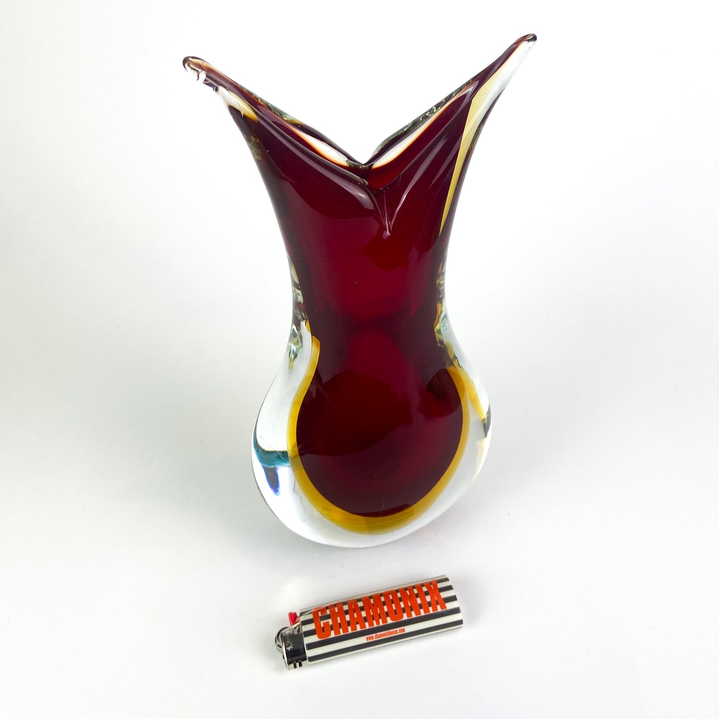 Murano Ruby + Amber Sommerso V Neck Glass Vase #O1265