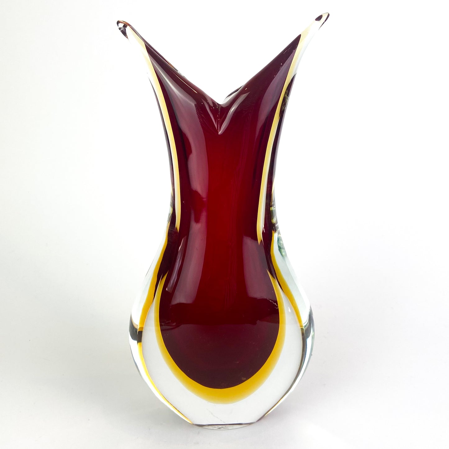 Murano Ruby + Amber Sommerso V Neck Glass Vase #O1265