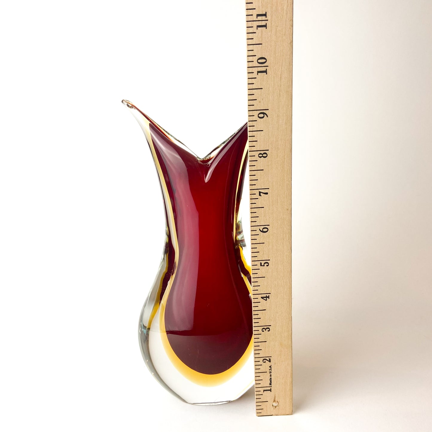 Murano Ruby + Amber Sommerso V Neck Glass Vase #O1265