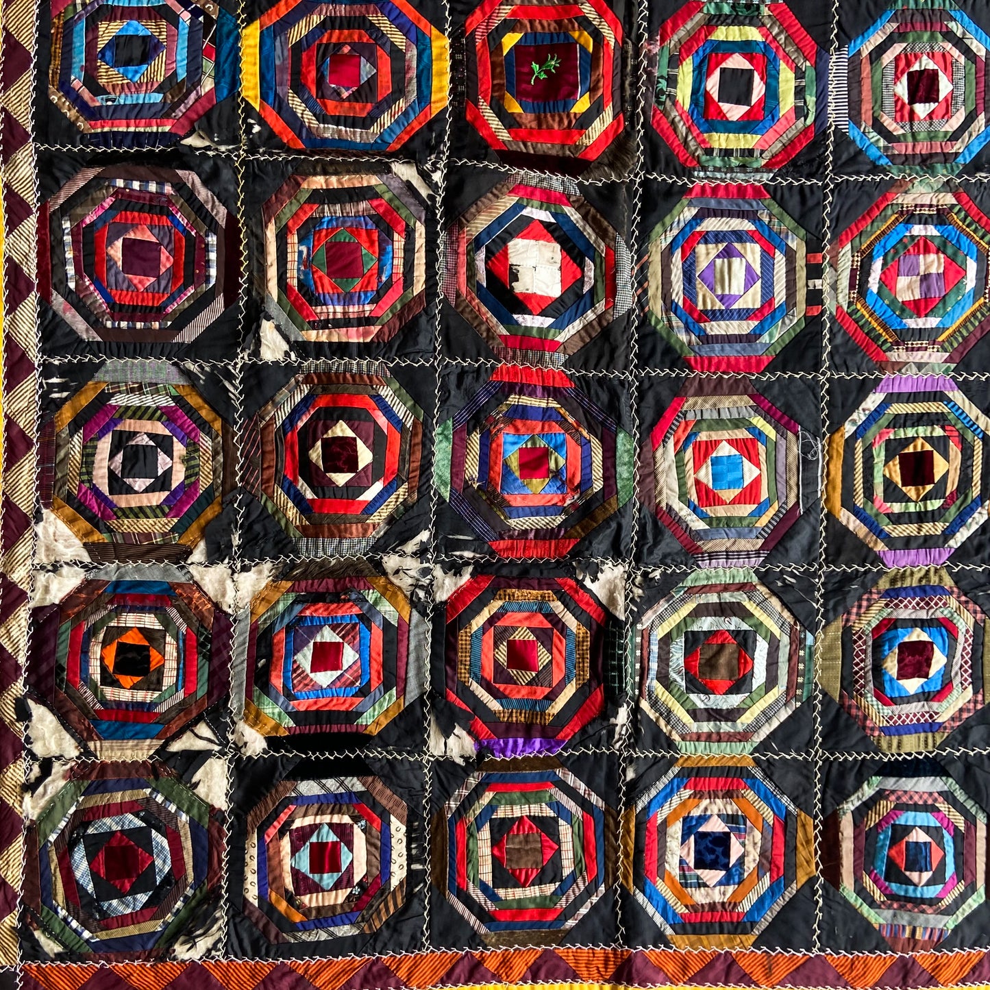 19th Century Hand Stitched American Silk Quilt #T3 - 4'4" x 5'9"