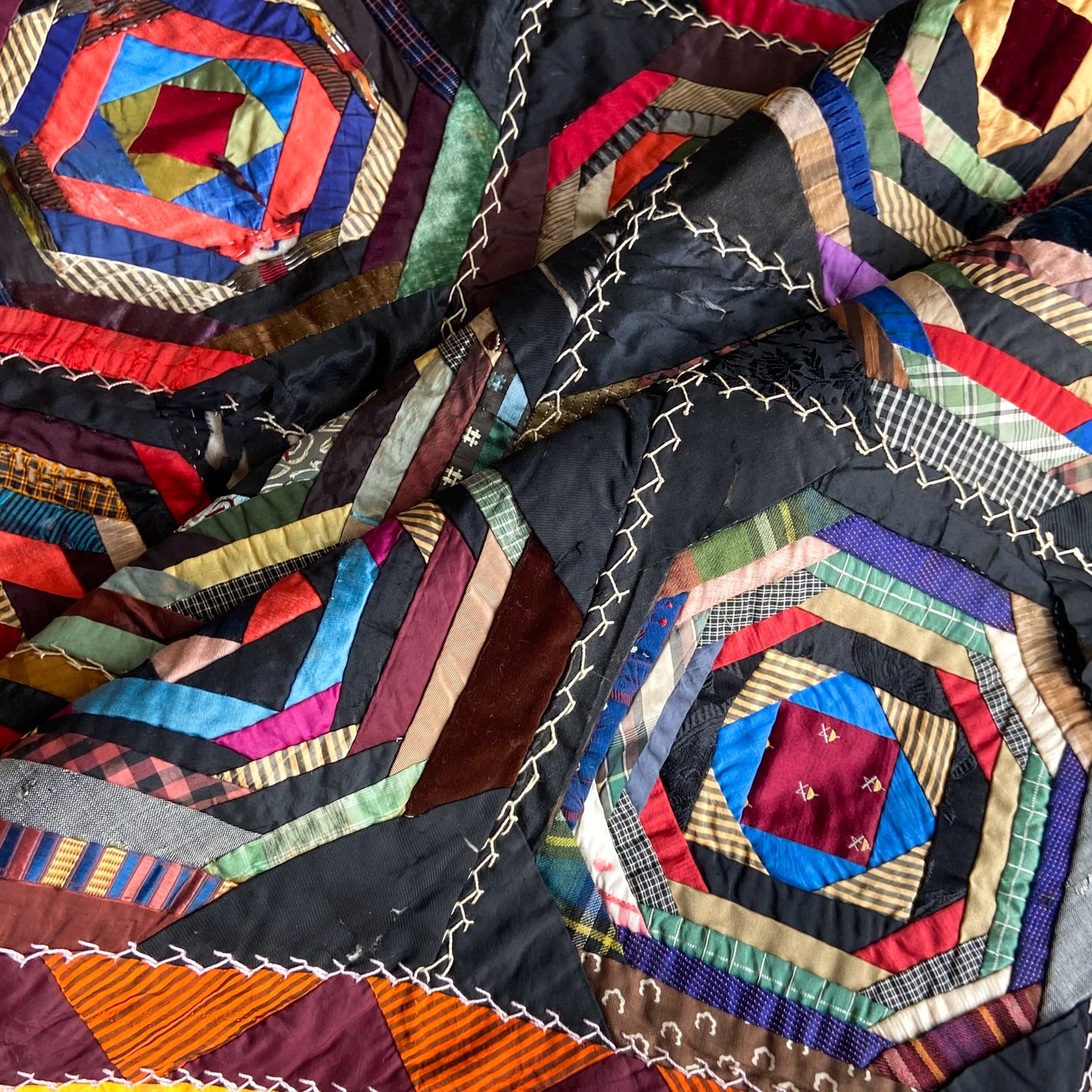 19th Century Hand Stitched American Silk Quilt #T3 - 4'4" x 5'9"