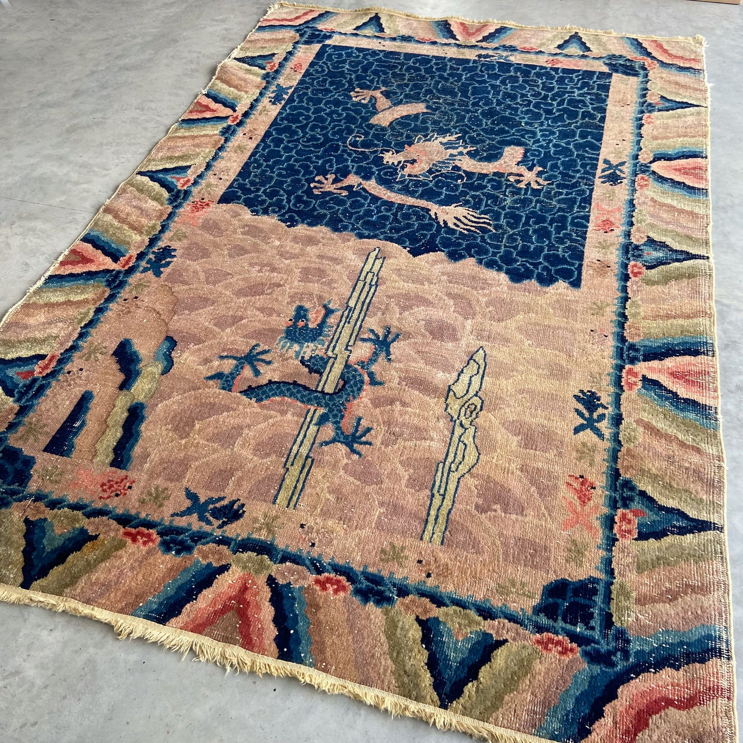 Antique Chinese Ningxia Peking Dragon Accent Rug #R1102 - 5'1" x 7'9"