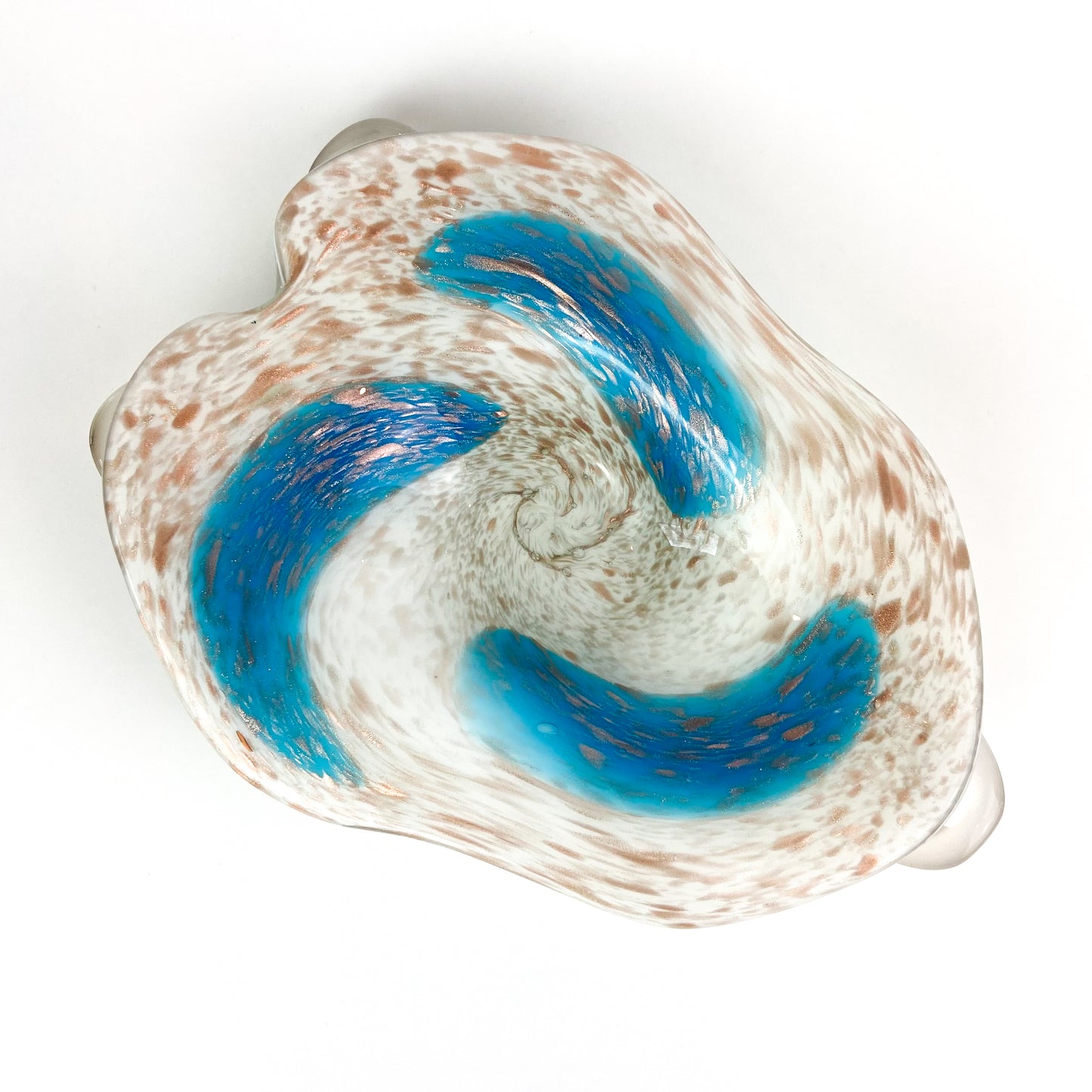 Murano White + Blue + Copper Freeform Glass Catchall/Ashtray #O1210