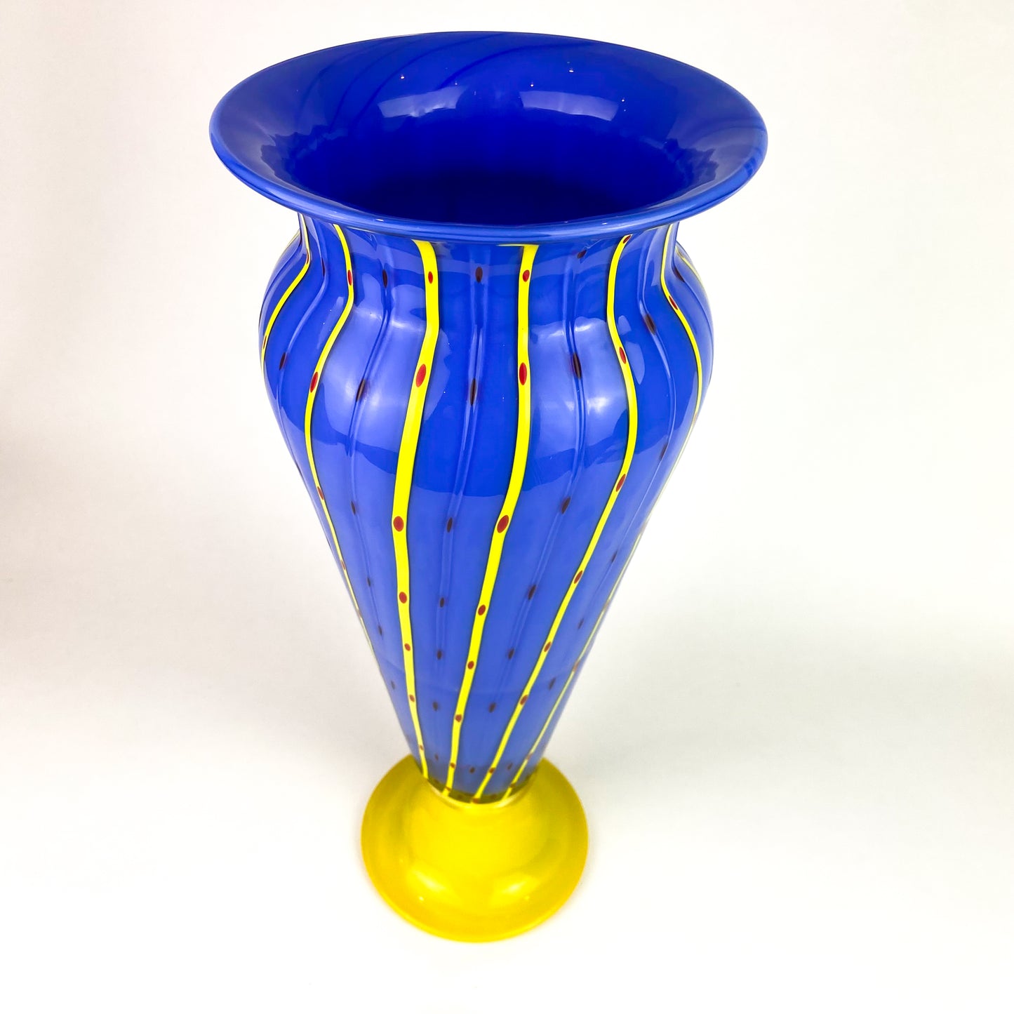 Large Post-Modern Murano Blue + Yellow Pedestal Vase #O1048