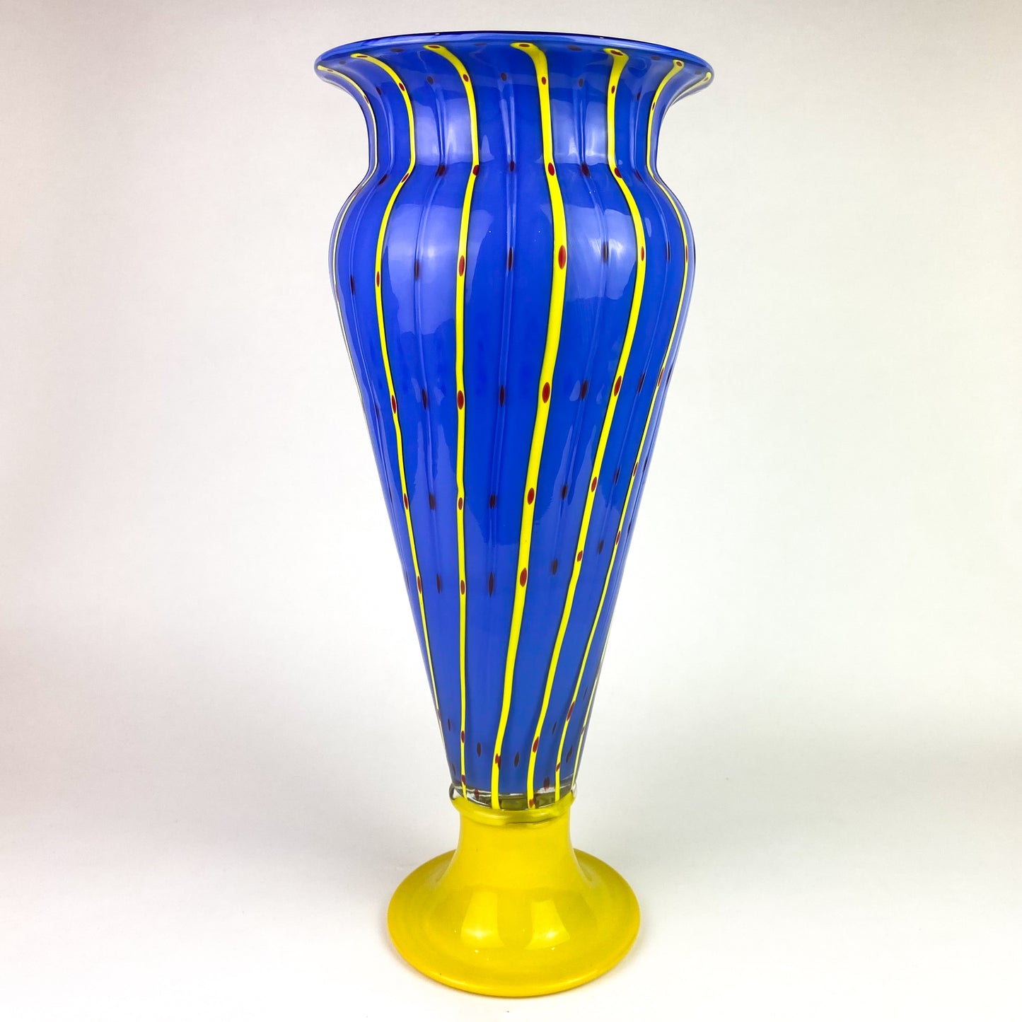 Large Post-Modern Murano Blue + Yellow Pedestal Vase #O1048