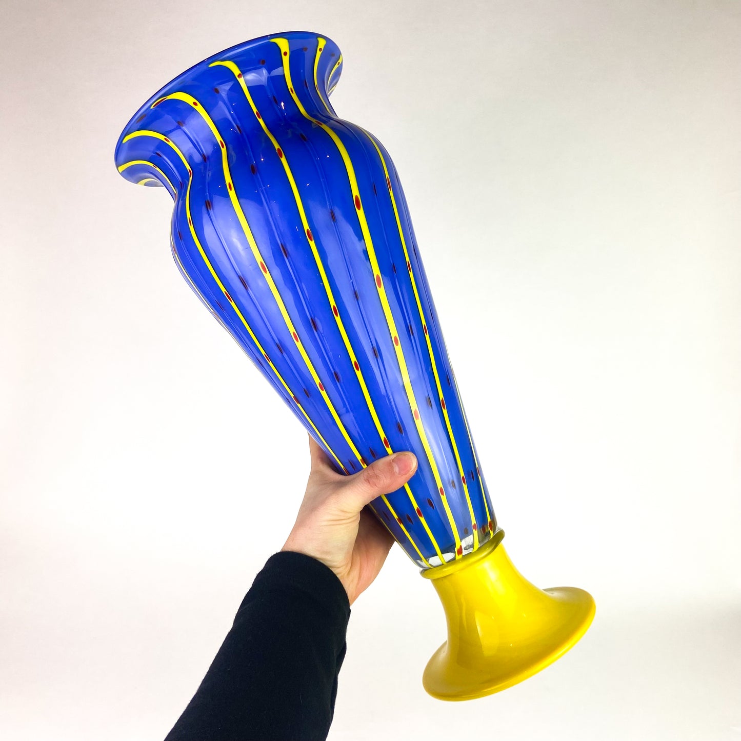 Large Post-Modern Murano Blue + Yellow Pedestal Vase #O1048