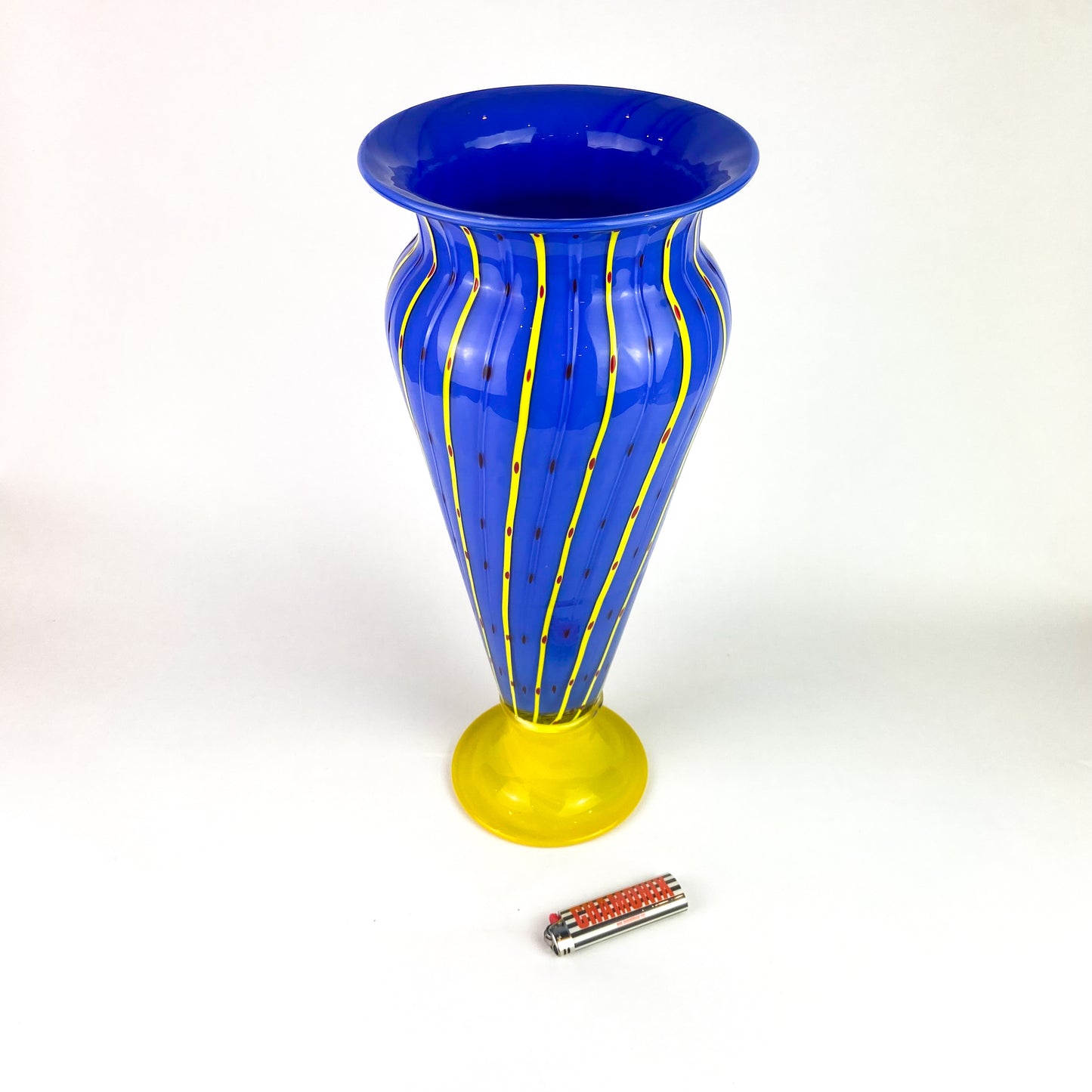 Large Post-Modern Murano Blue + Yellow Pedestal Vase #O1048