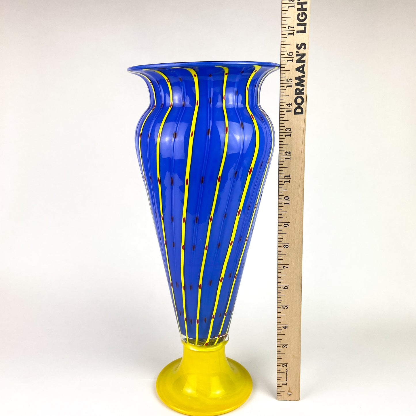 Large Post-Modern Murano Blue + Yellow Pedestal Vase #O1048