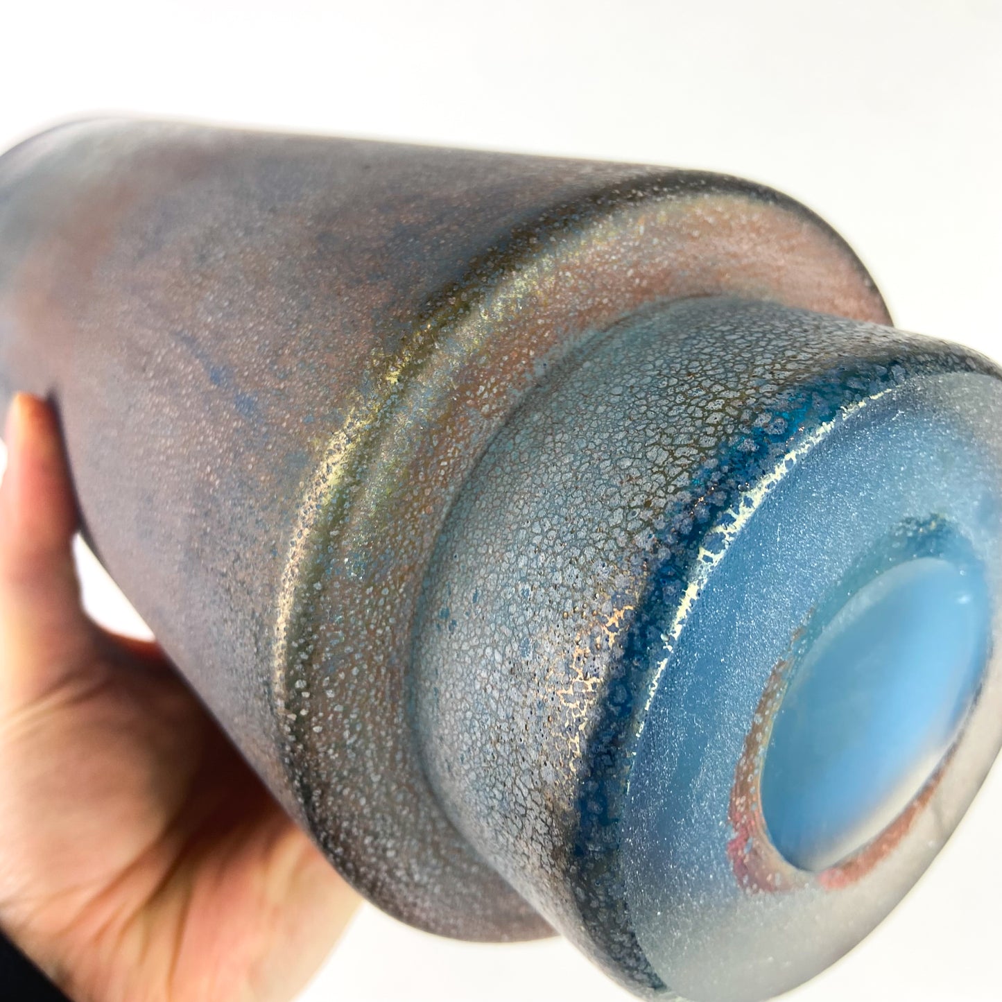 Large Blue Iridescent Studio Art Glass Vase #O1051