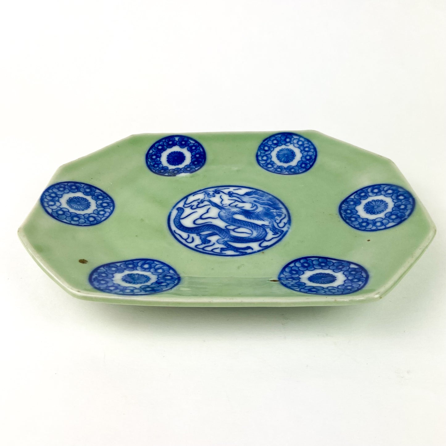 Antique Chinese Celadon + Cobalt Dragon Plate #O1066