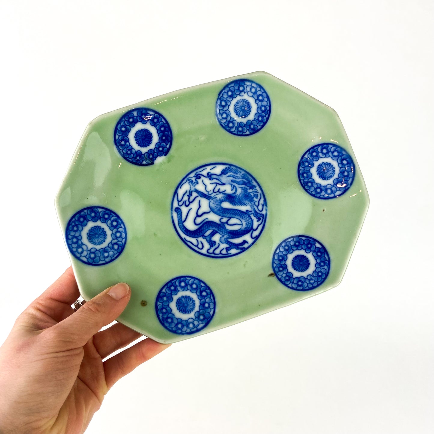 Antique Chinese Celadon + Cobalt Dragon Plate #O1066