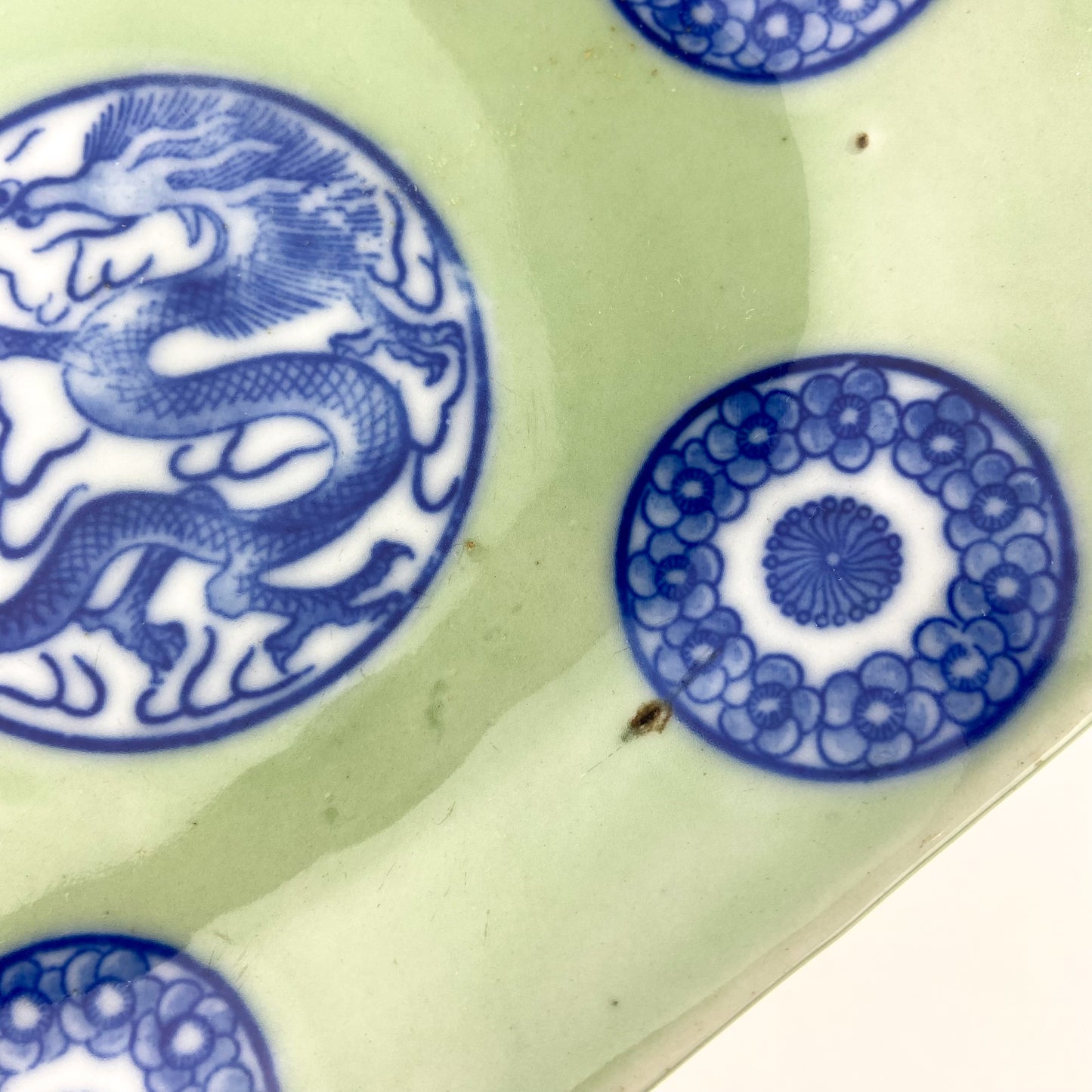 Antique Chinese Celadon + Cobalt Dragon Plate #O1066