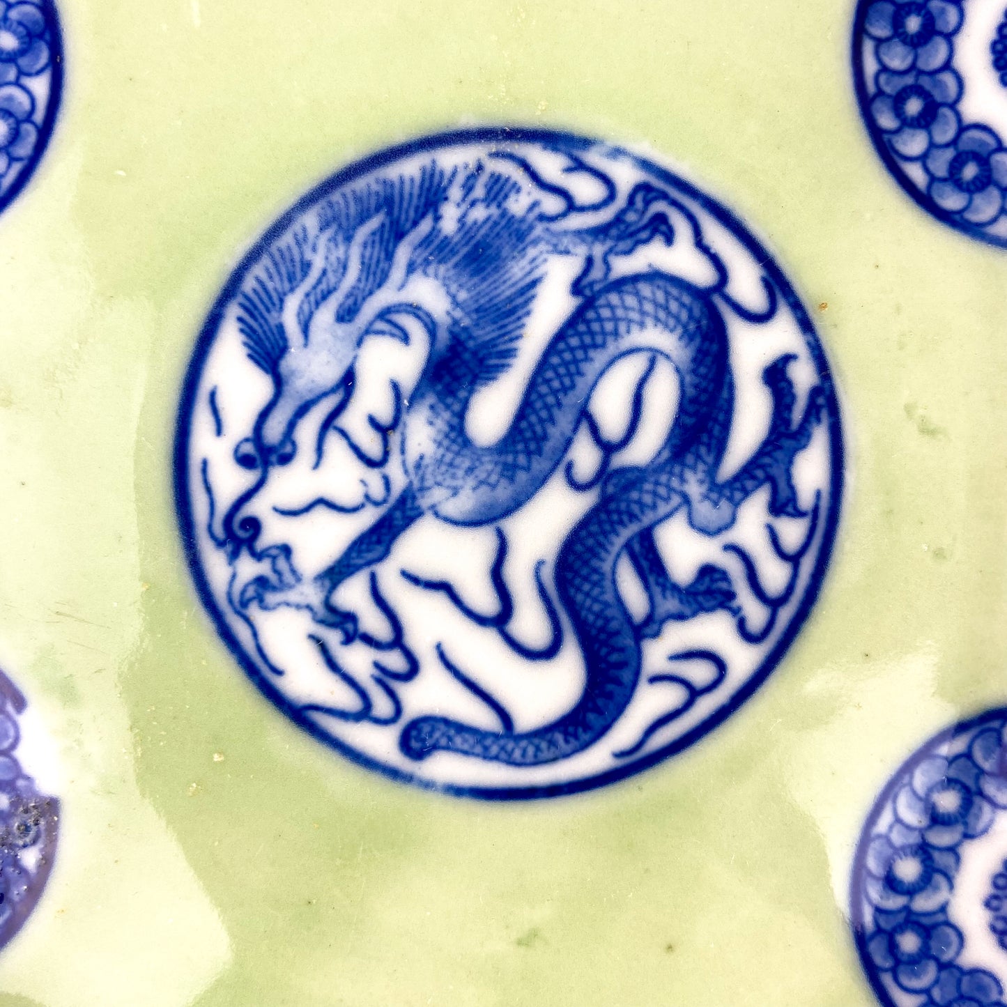 Antique Chinese Celadon + Cobalt Dragon Plate #O1066