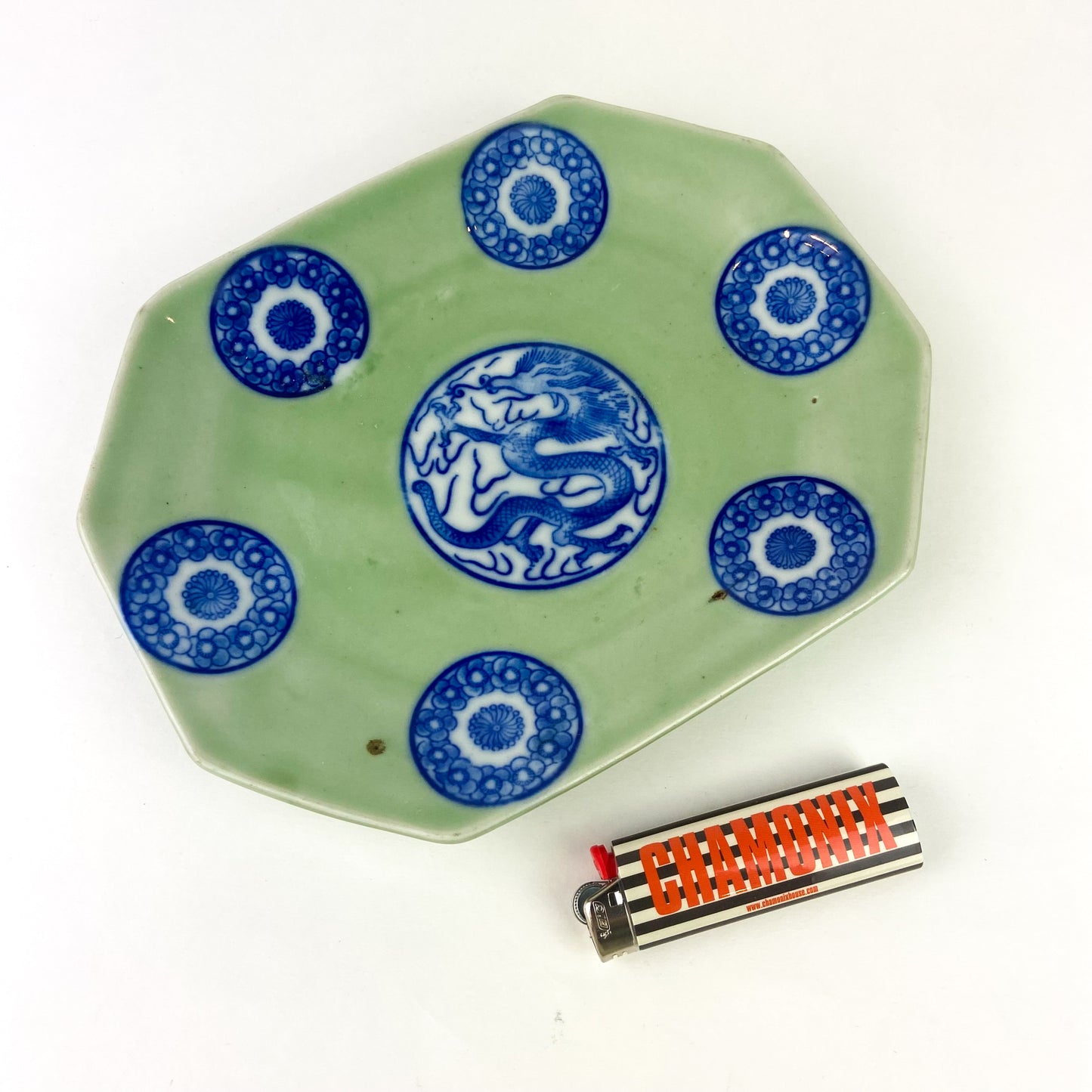 Antique Chinese Celadon + Cobalt Dragon Plate #O1066