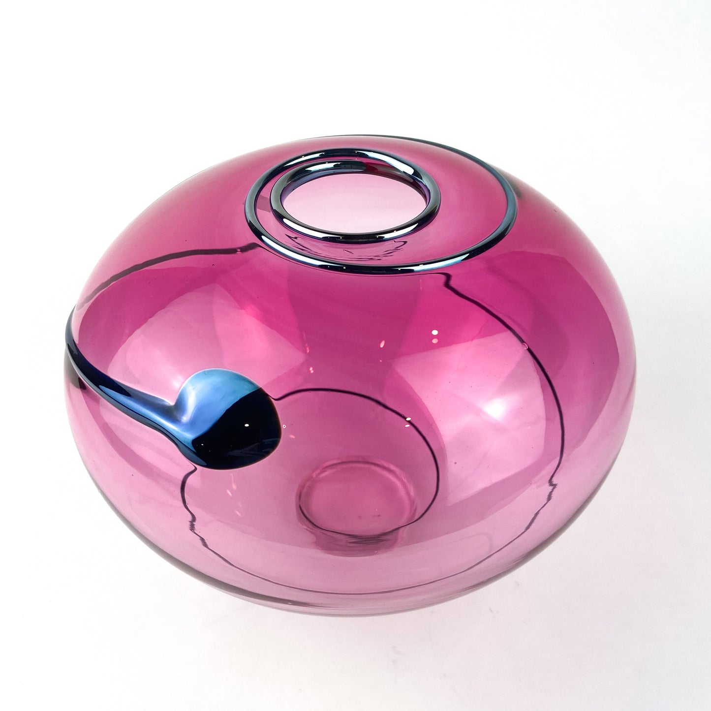 Pink + Navy Iridescent Swirl Studio Art Glass Vase #O1088