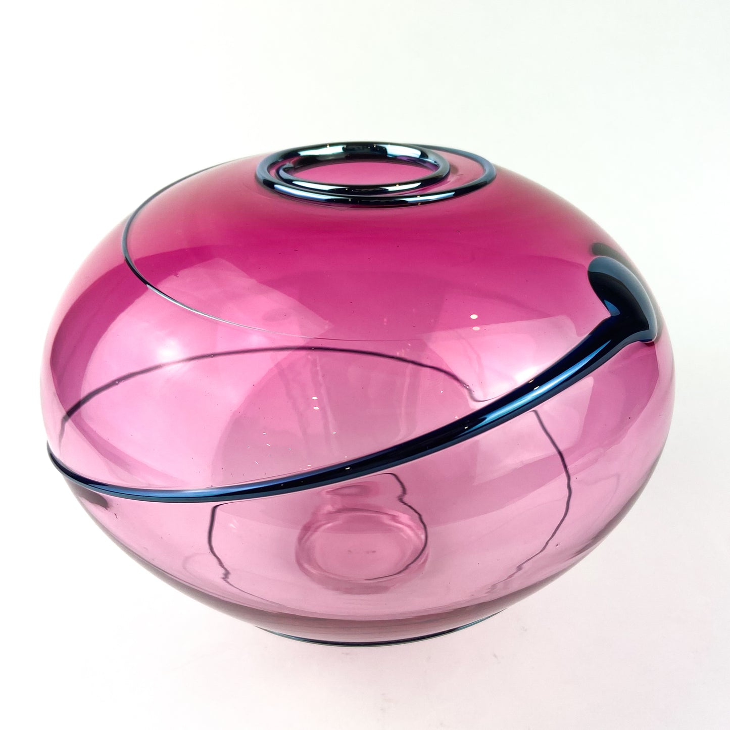 Pink + Navy Iridescent Swirl Studio Art Glass Vase #O1088