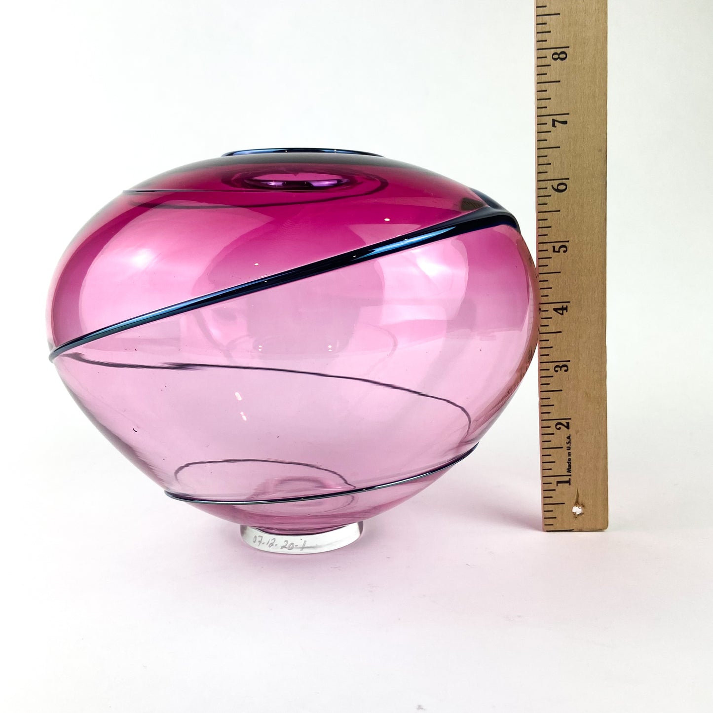 Pink + Navy Iridescent Swirl Studio Art Glass Vase #O1088