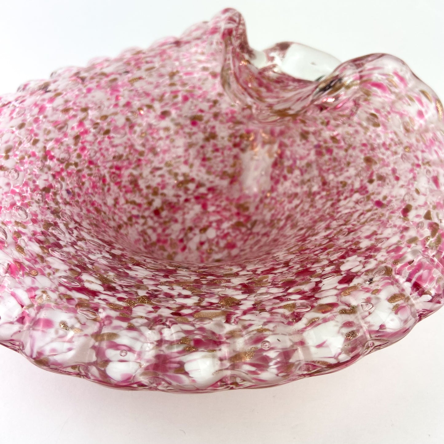 Murano Pink + White + Copper Scalloped Glass Catchall/Ashtray #O1091