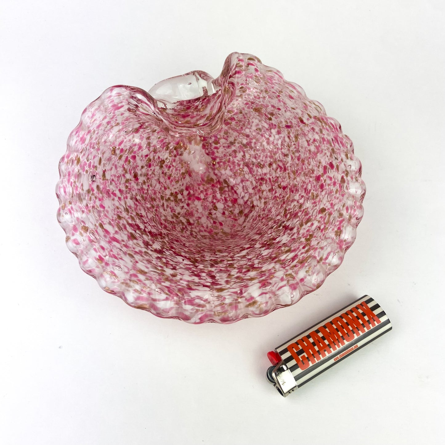 Murano Pink + White + Copper Scalloped Glass Catchall/Ashtray #O1091