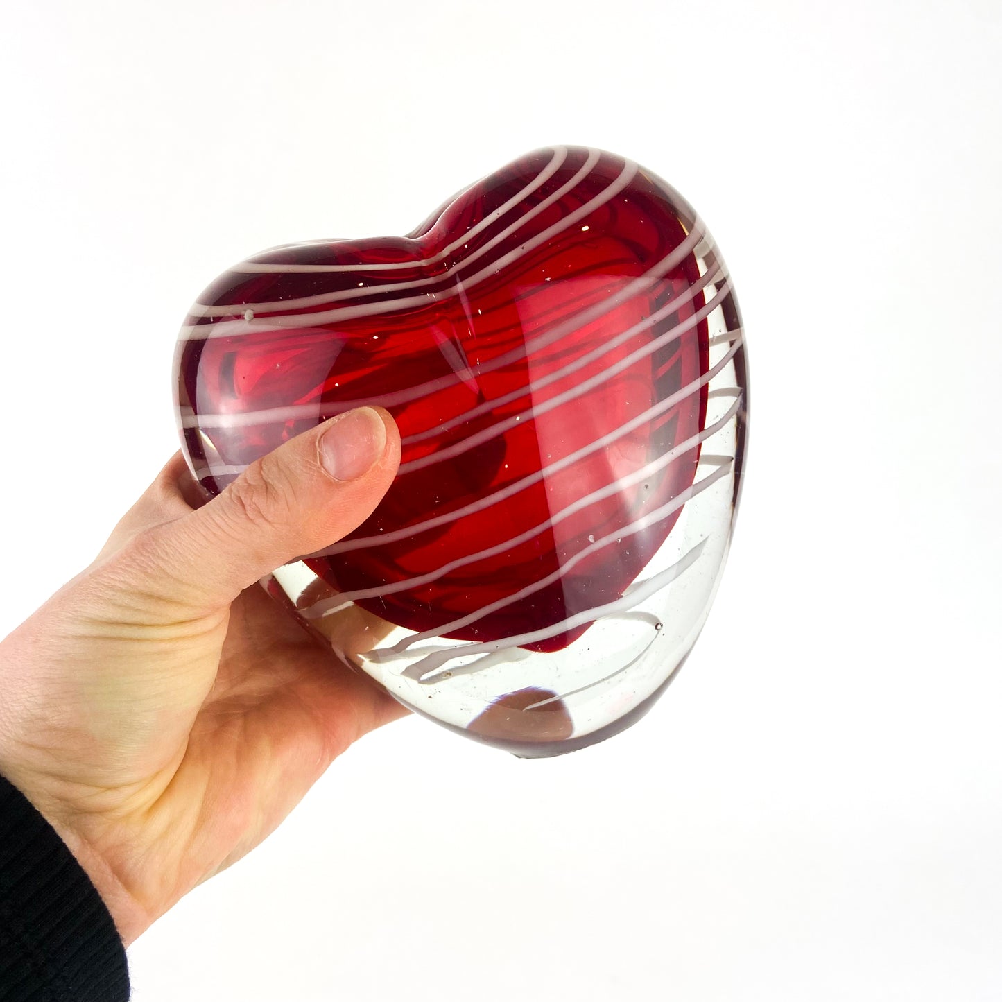 Murano Red + White Swirl Glass Heart Vase #O1102