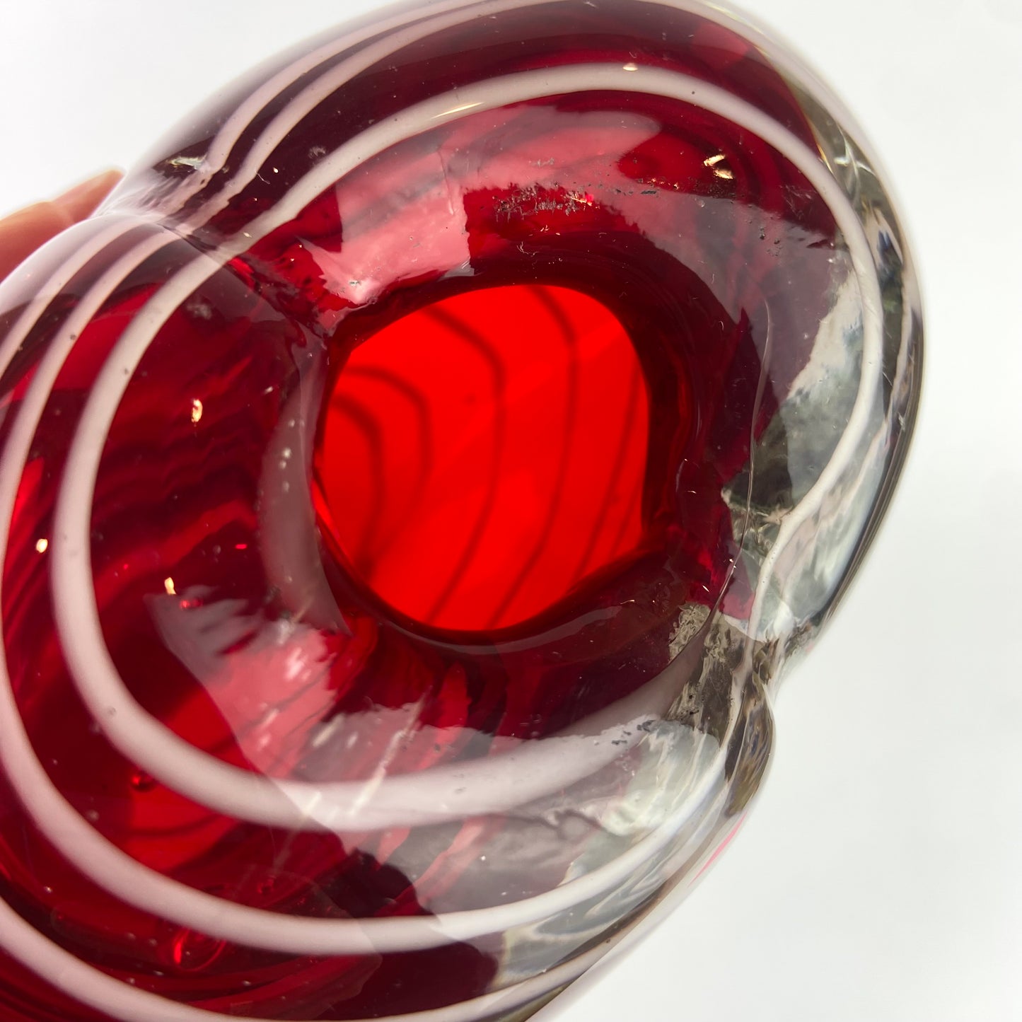 Murano Red + White Swirl Glass Heart Vase #O1102