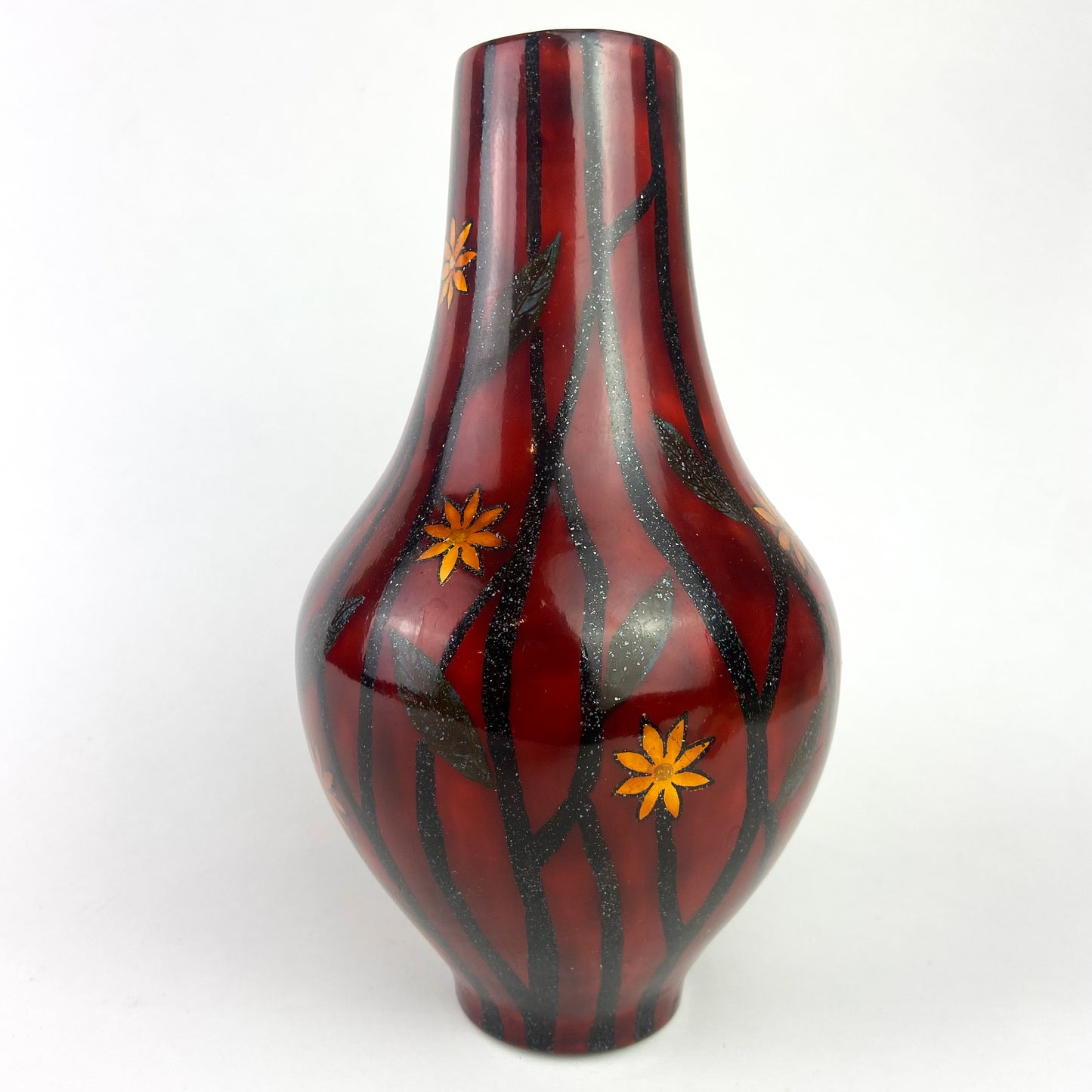 Vintage Black + Red Lacquered Wood Vase #O1108