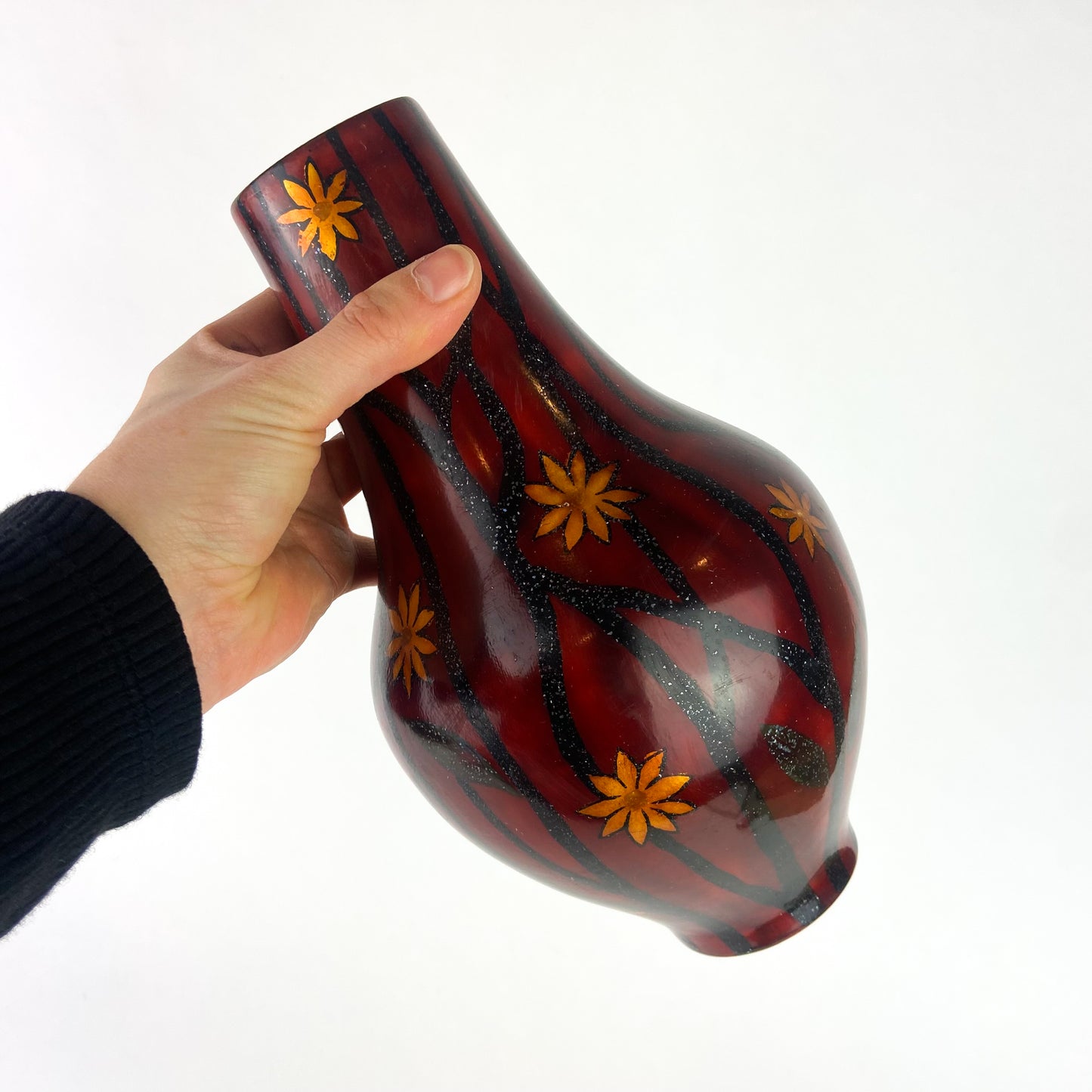 Vintage Black + Red Lacquered Wood Vase #O1108