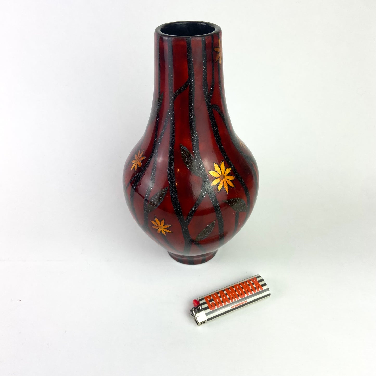 Vintage Black + Red Lacquered Wood Vase #O1108