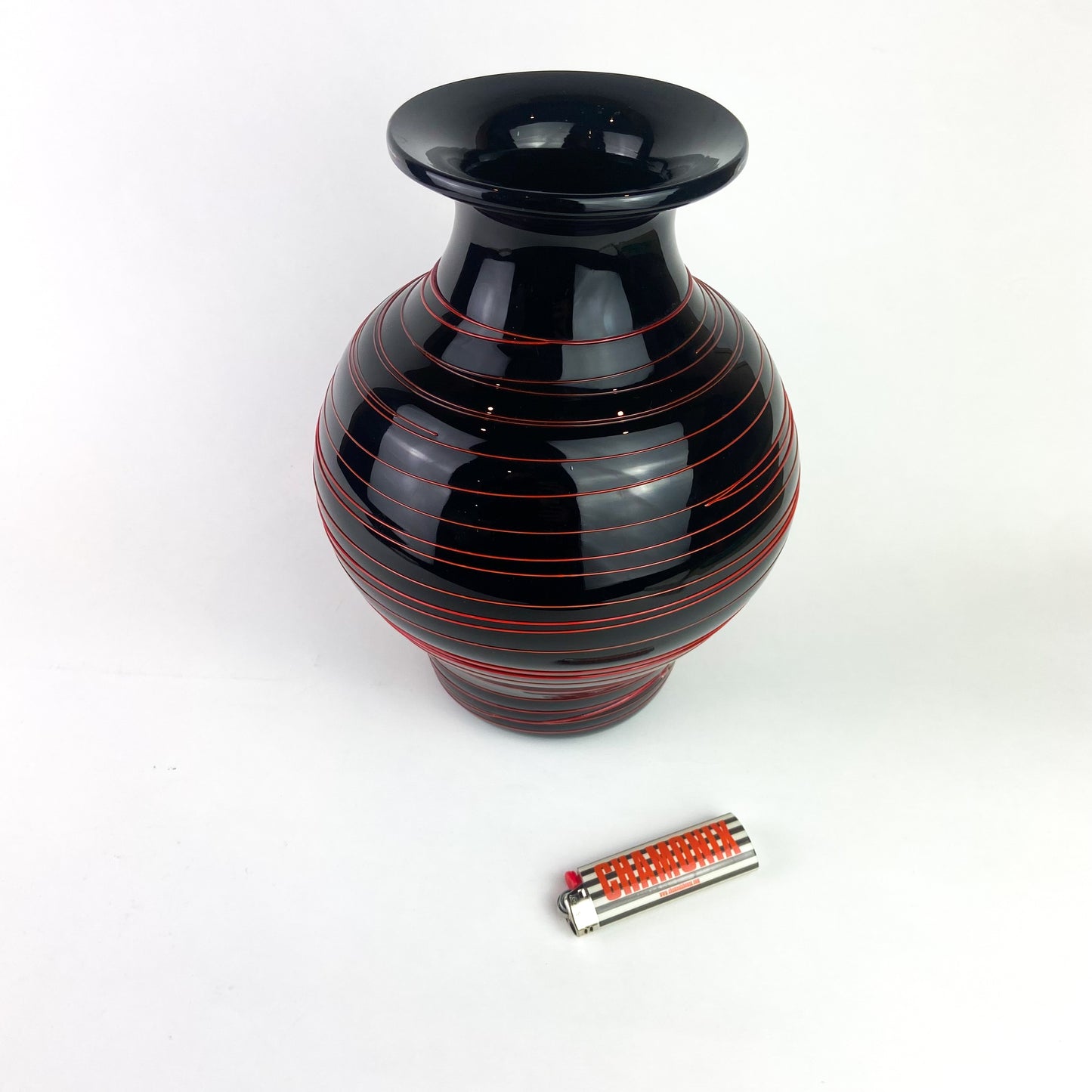 Large Murano Black + Red Art Glass Vase #O1109