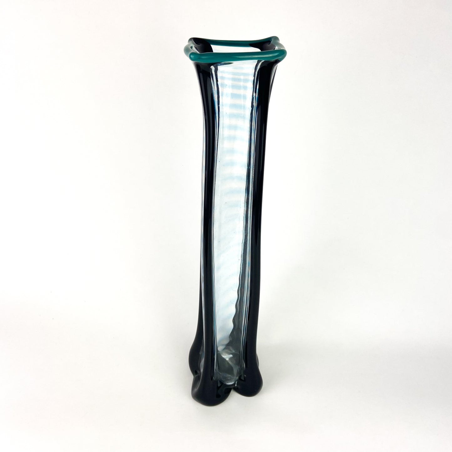 Tall Black + Teal + Clear Fluted Art Glass Vase #O1140