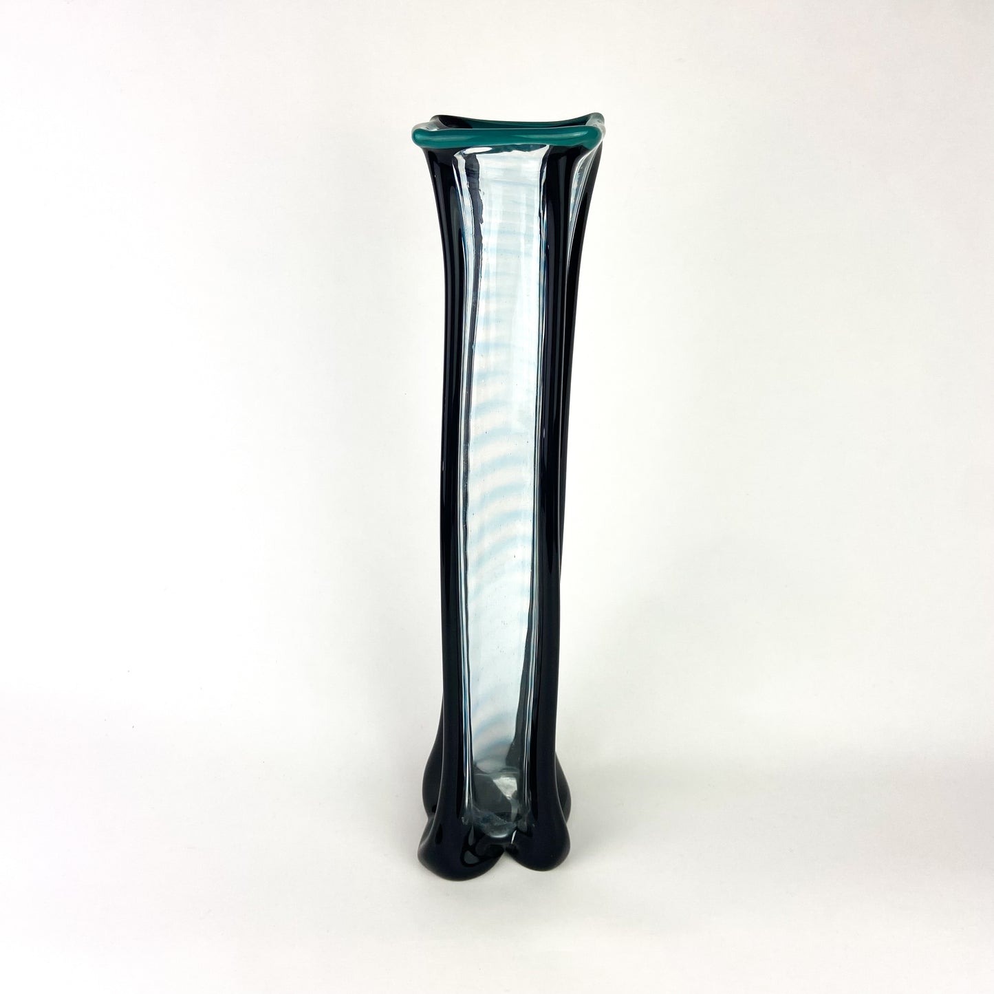 Tall Black + Teal + Clear Fluted Art Glass Vase #O1140