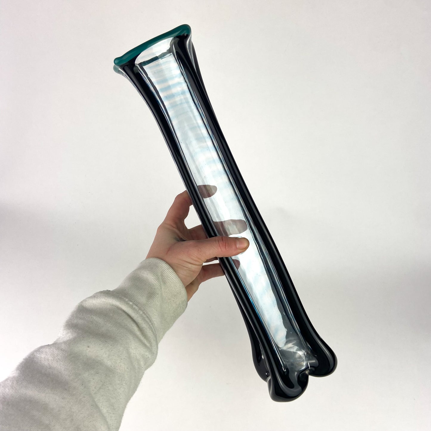 Tall Black + Teal + Clear Fluted Art Glass Vase #O1140