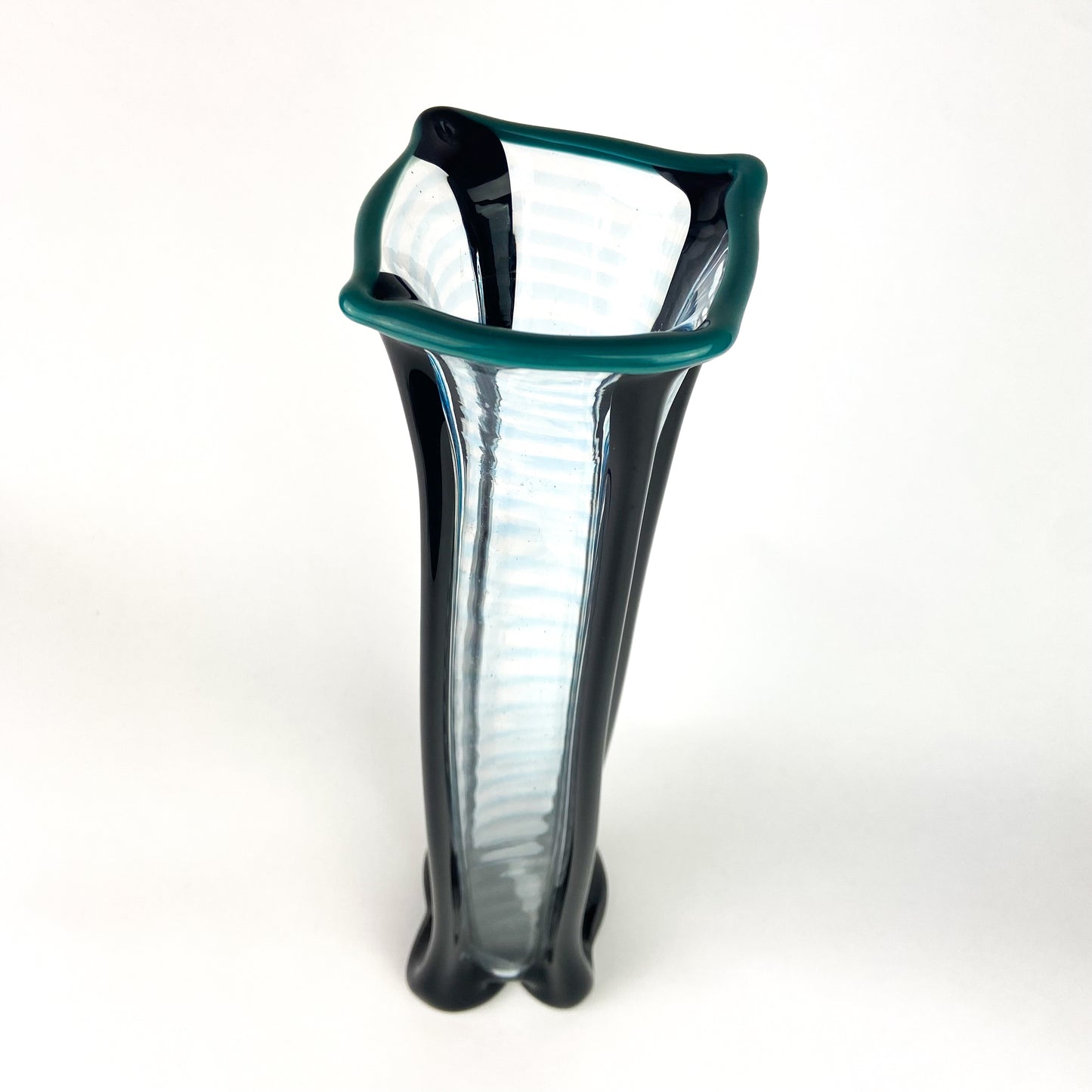 Tall Black + Teal + Clear Fluted Art Glass Vase #O1140