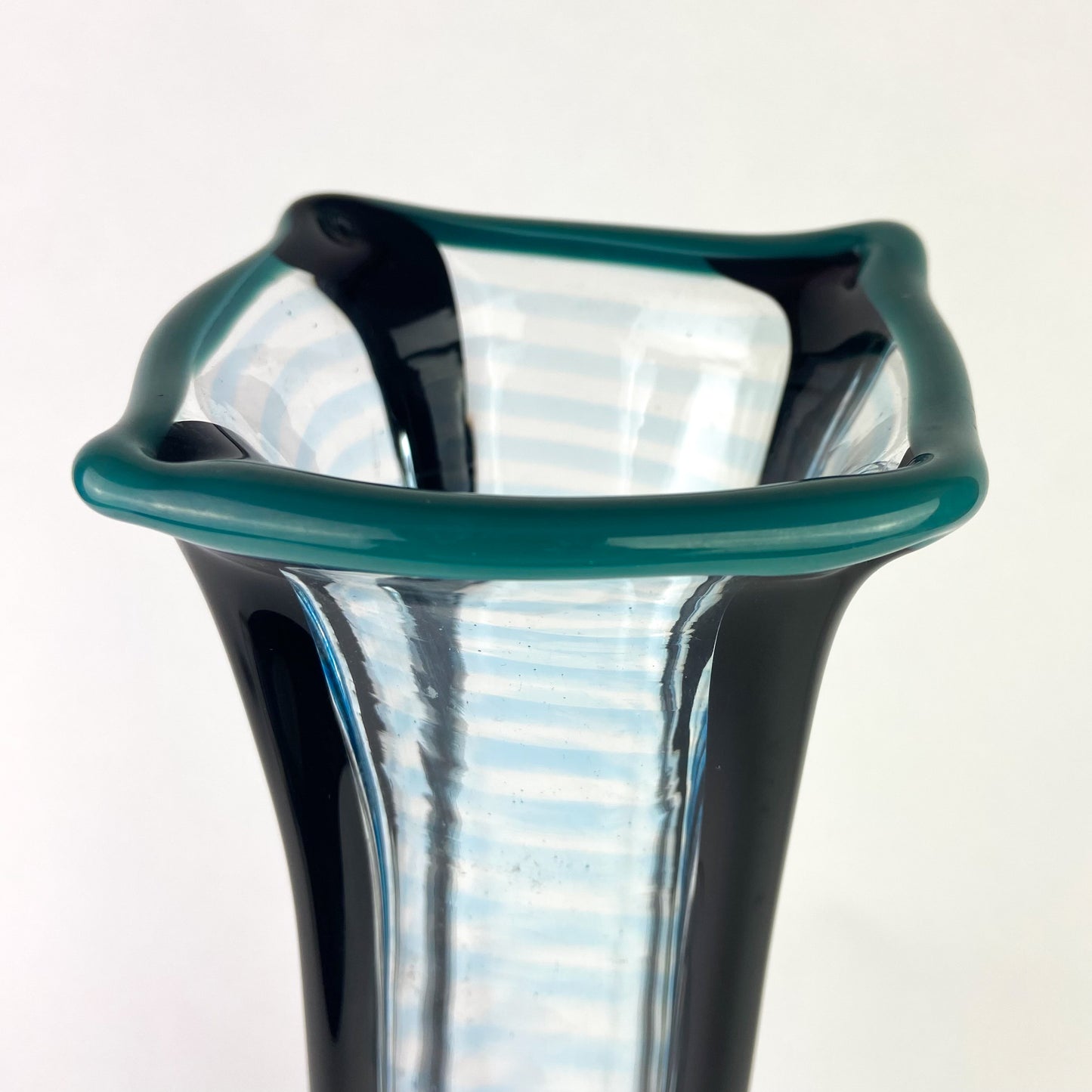 Tall Black + Teal + Clear Fluted Art Glass Vase #O1140