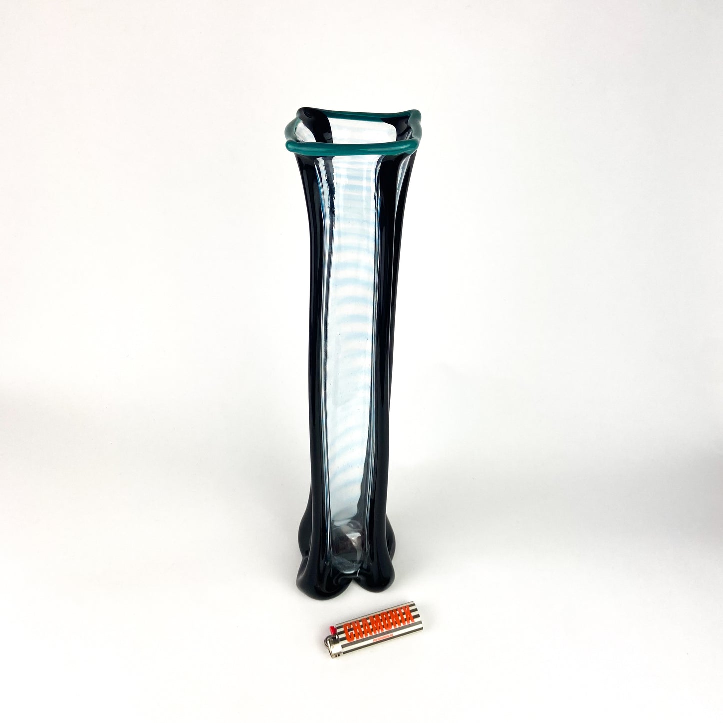 Tall Black + Teal + Clear Fluted Art Glass Vase #O1140