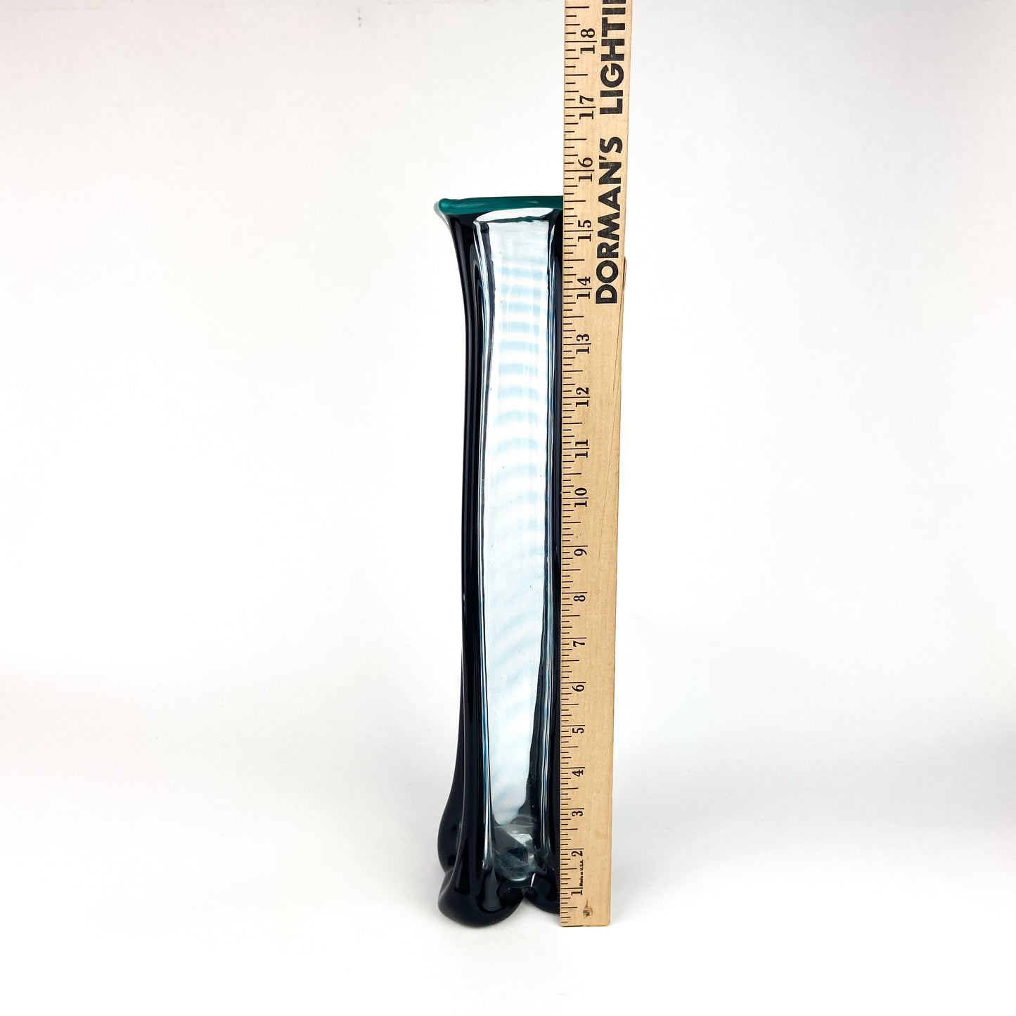 Tall Black + Teal + Clear Fluted Art Glass Vase #O1140