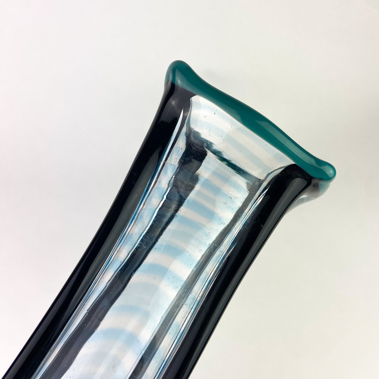 Tall Black + Teal + Clear Fluted Art Glass Vase #O1140