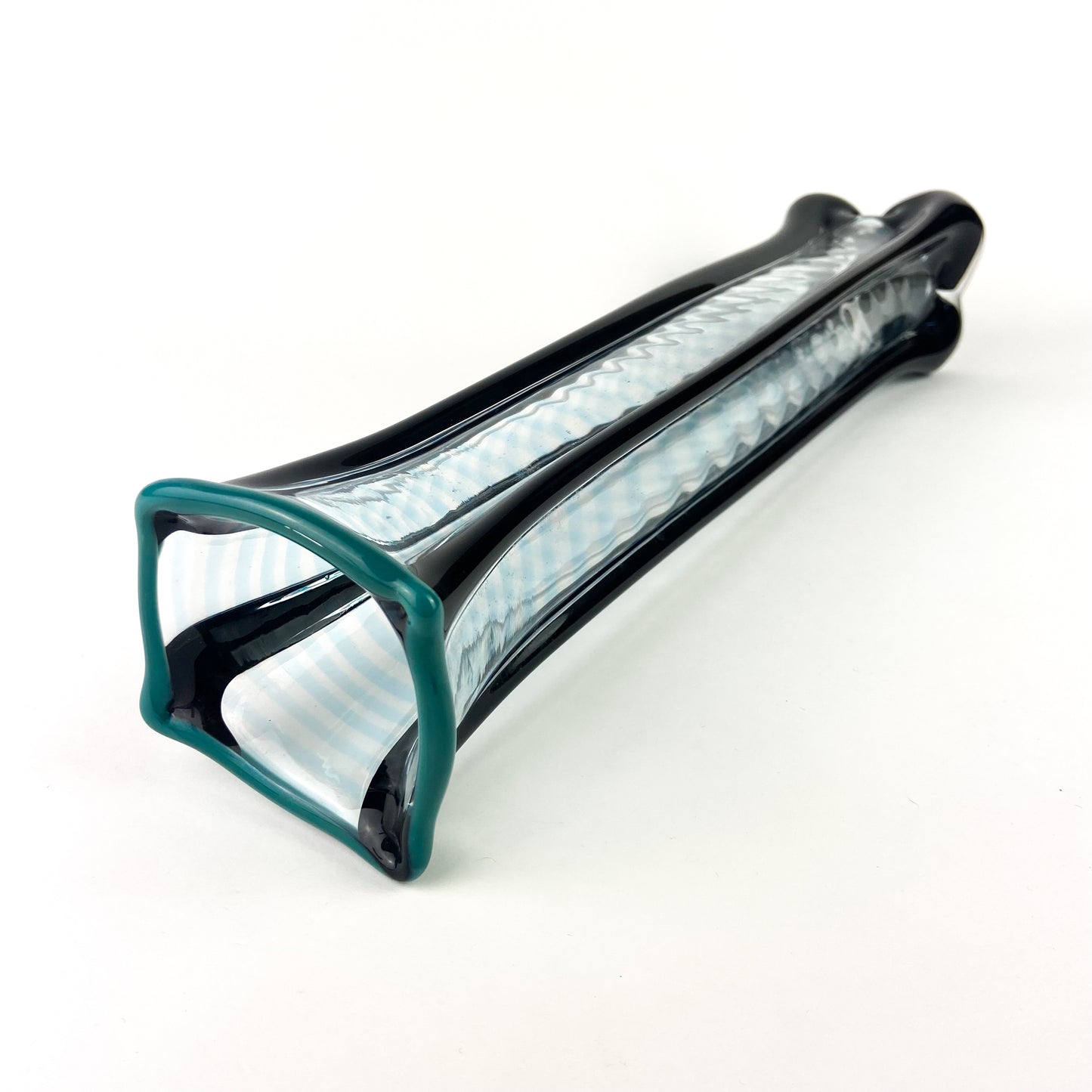 Tall Black + Teal + Clear Fluted Art Glass Vase #O1140