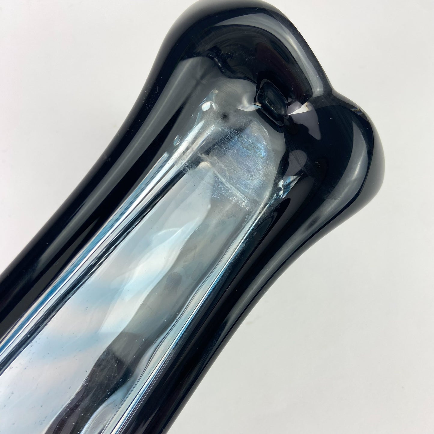 Tall Black + Teal + Clear Fluted Art Glass Vase #O1140