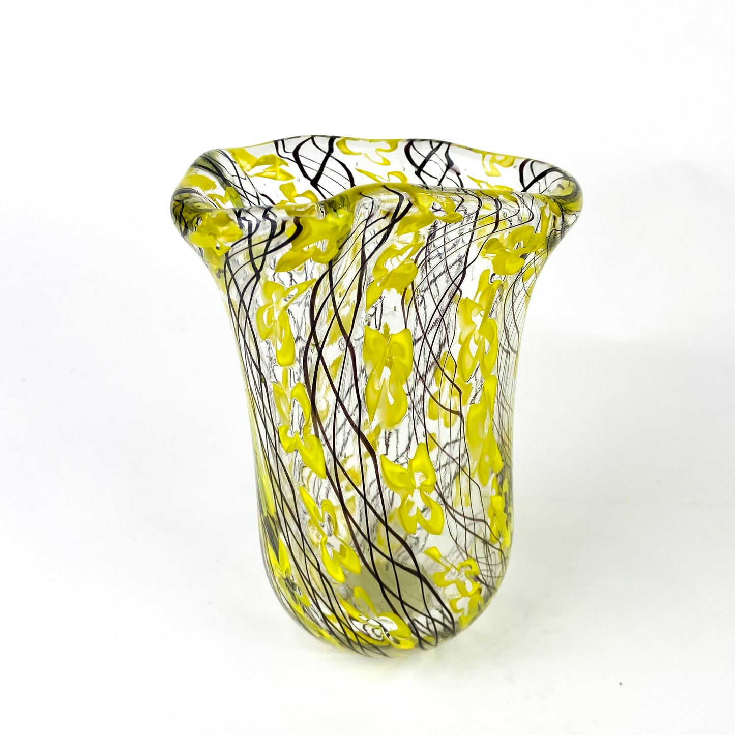 Handblown Yellow + Black Latticino Art Glass Vase #O1163