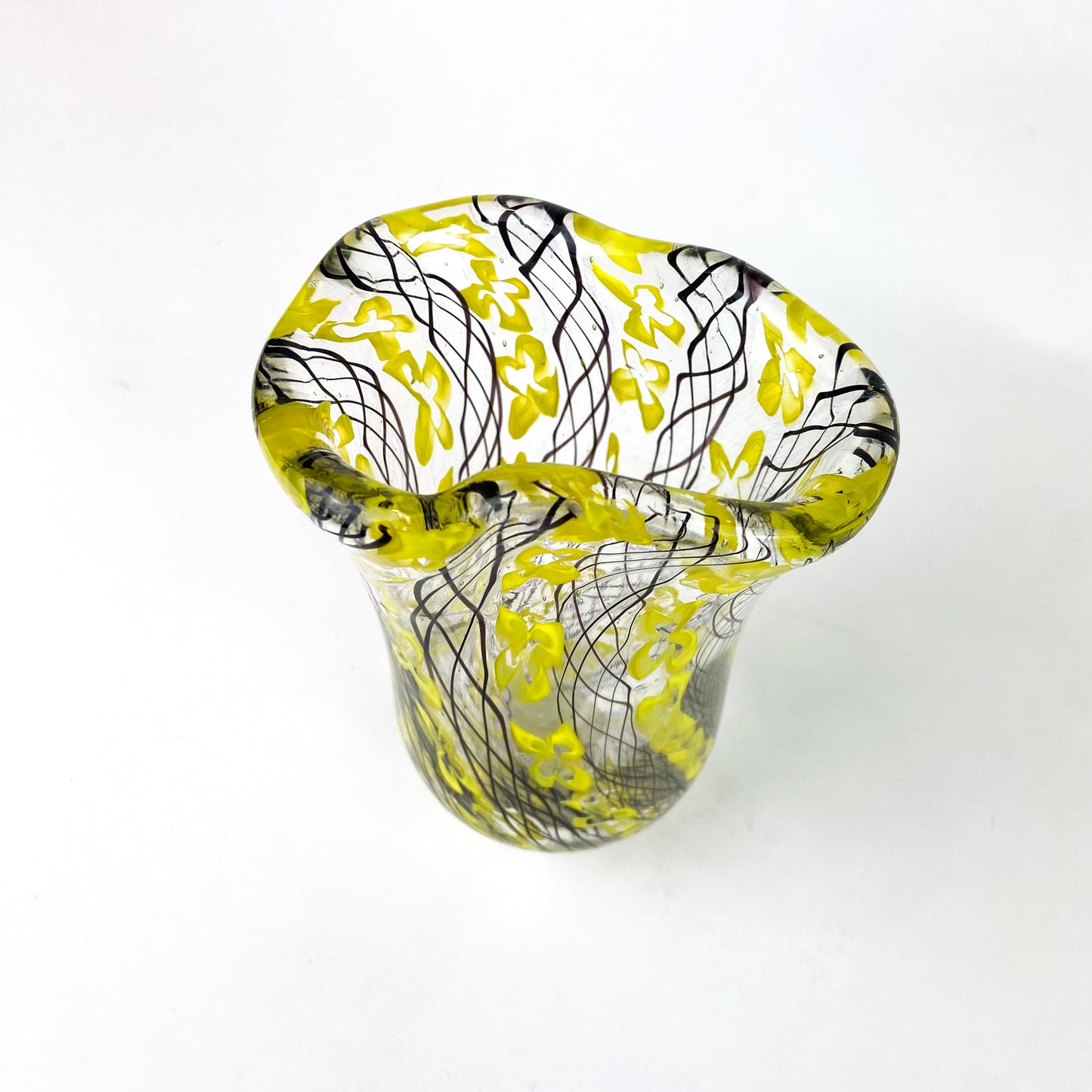 Handblown Yellow + Black Latticino Art Glass Vase #O1163