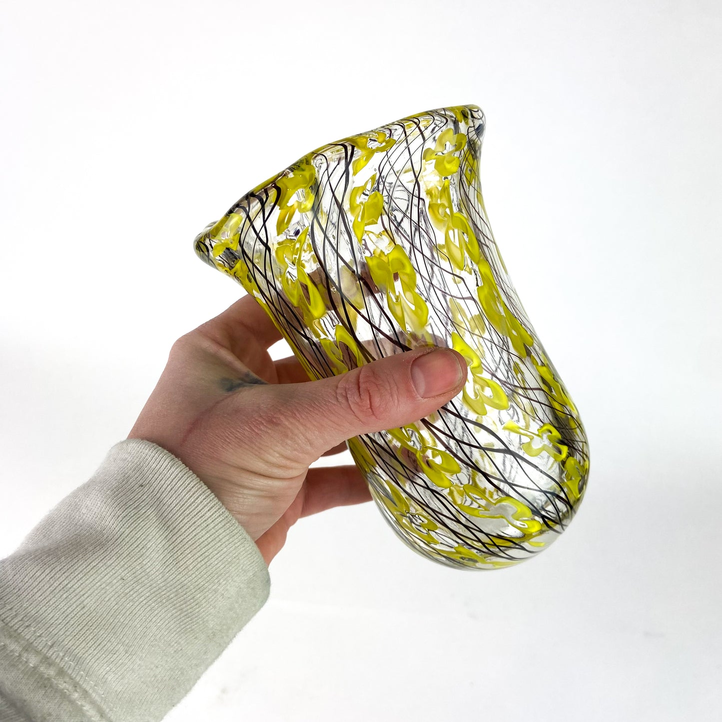 Handblown Yellow + Black Latticino Art Glass Vase #O1163