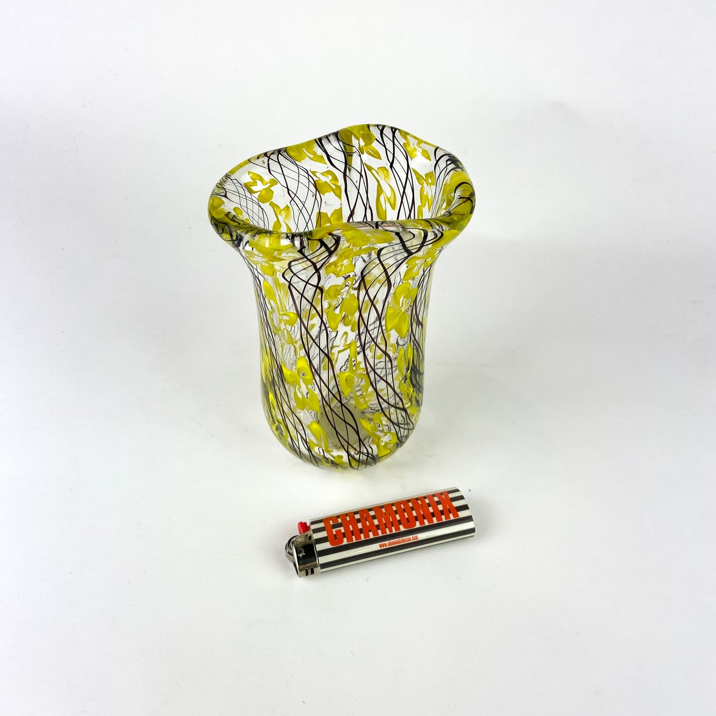 Handblown Yellow + Black Latticino Art Glass Vase #O1163