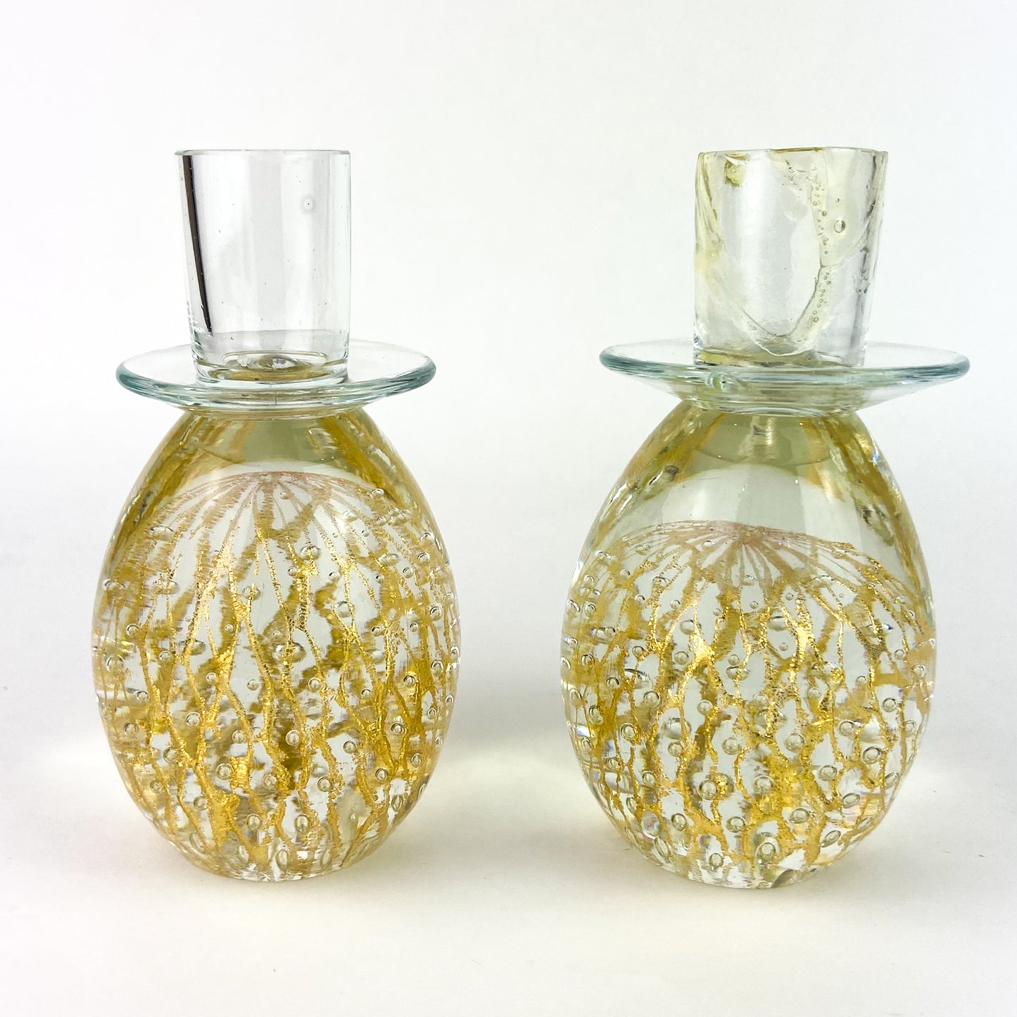 Pair of Clear + Gold Fleck Bubbled Candlesticks #O1182